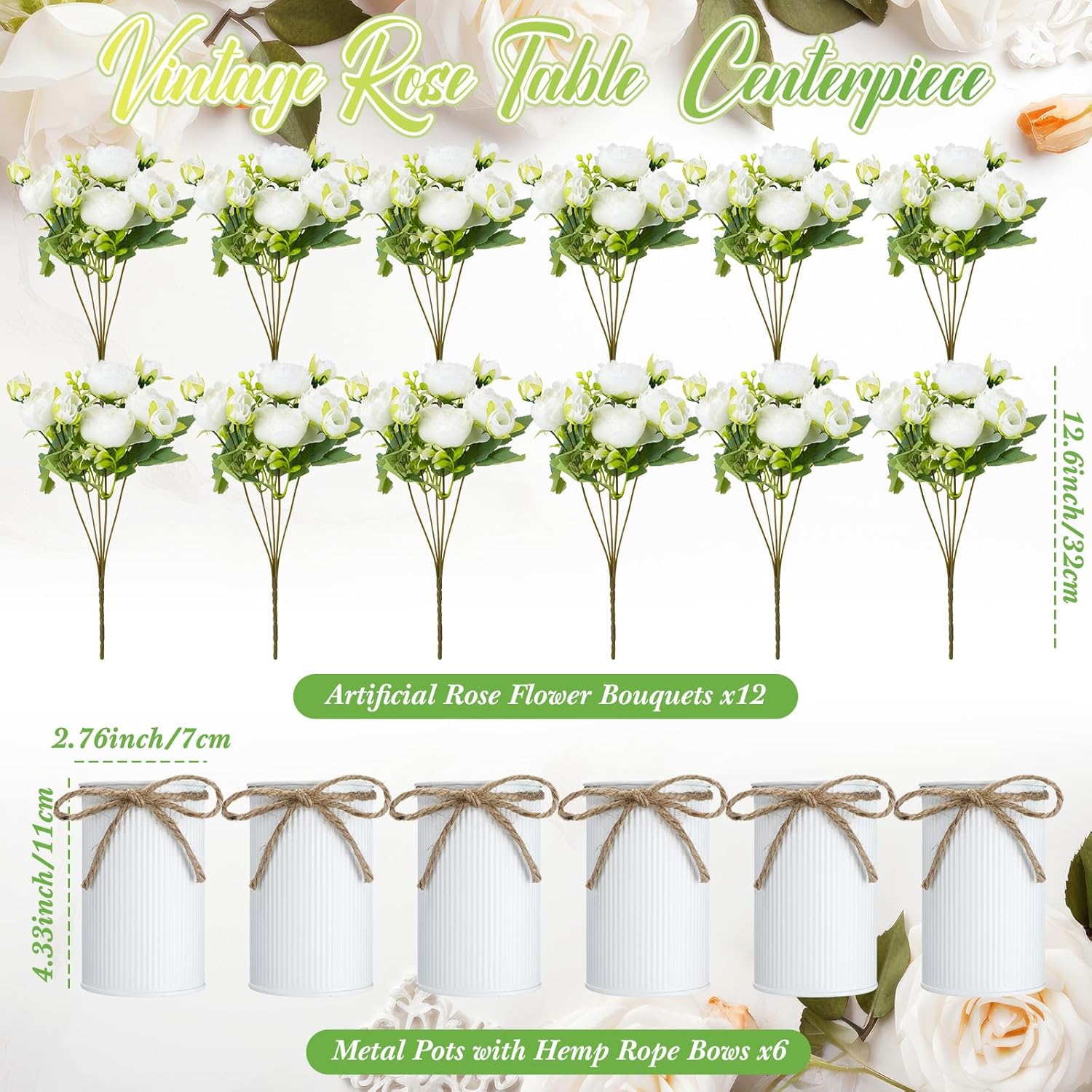 6 Sets Artificial Peonies Flower Peony Bouquet With Galvanized Metal Pot Silk Fake Peonies Faux Flower Arrangements For Wedding Table Centerpiece Party Home Room (White)