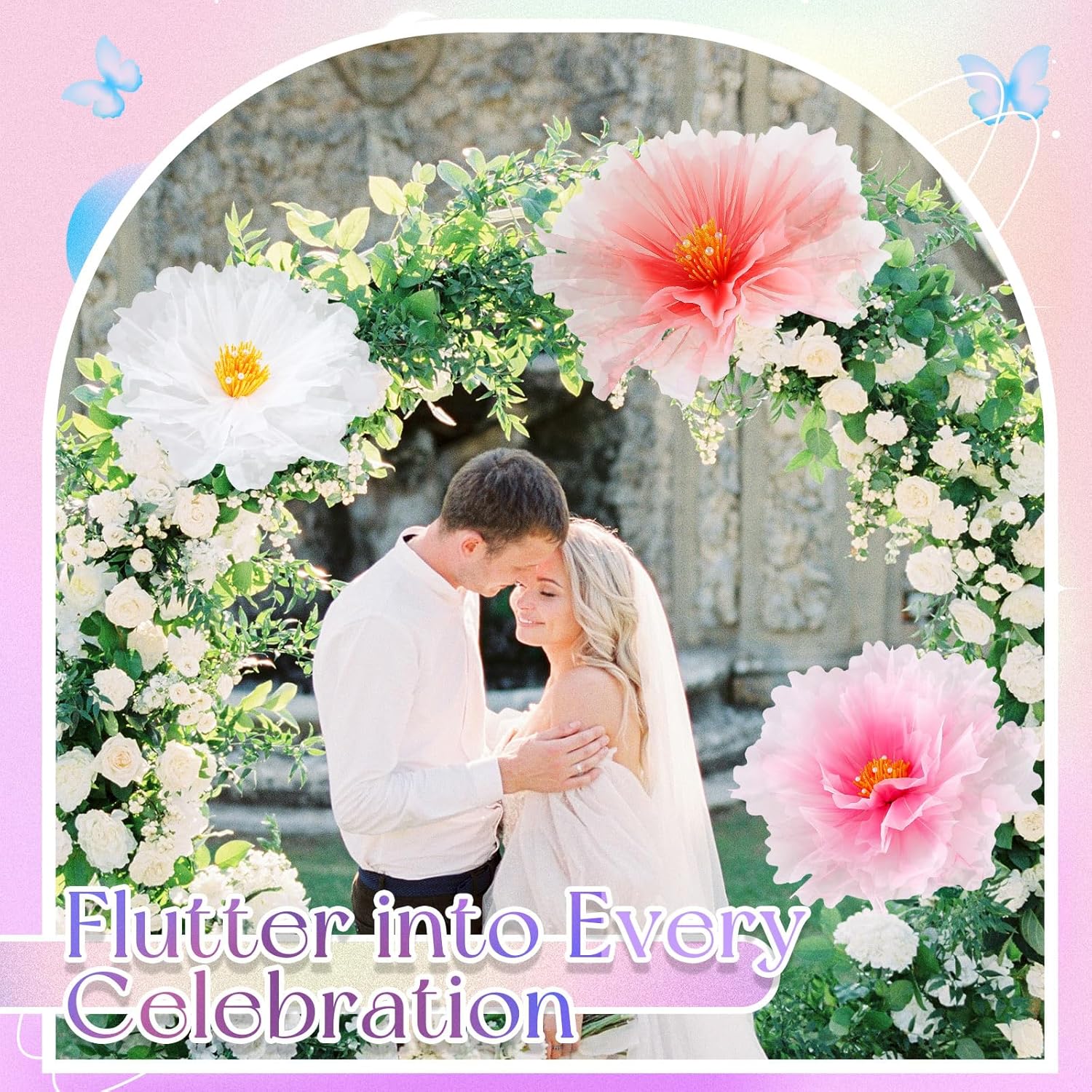 3Pcs 19.7In Giant Flowers Decoration, Artificial Gauze Large Flower Prop For Valentines Day Decorations Wedding Reception Banquet Ceremony Church Party, White Pink And Purple