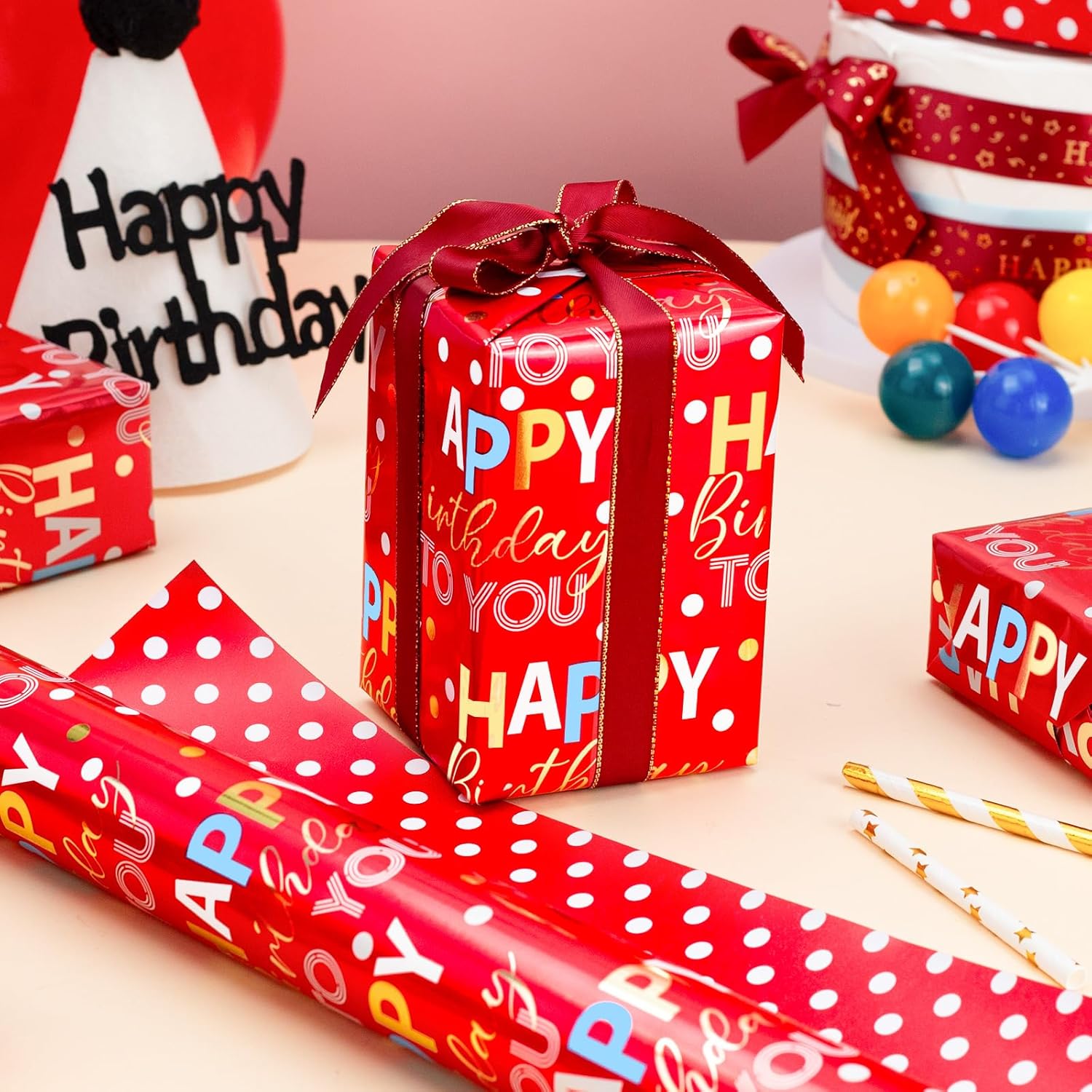 Reversible Red Birthday Wrapping Paper Roll - 17 Inch X 33 Feet - Glitter Happy Birthday Lettering Metallic Foil Paper Boy Gift Wrap W/Polka Dot For Party Father'S Day Halloween'S Day