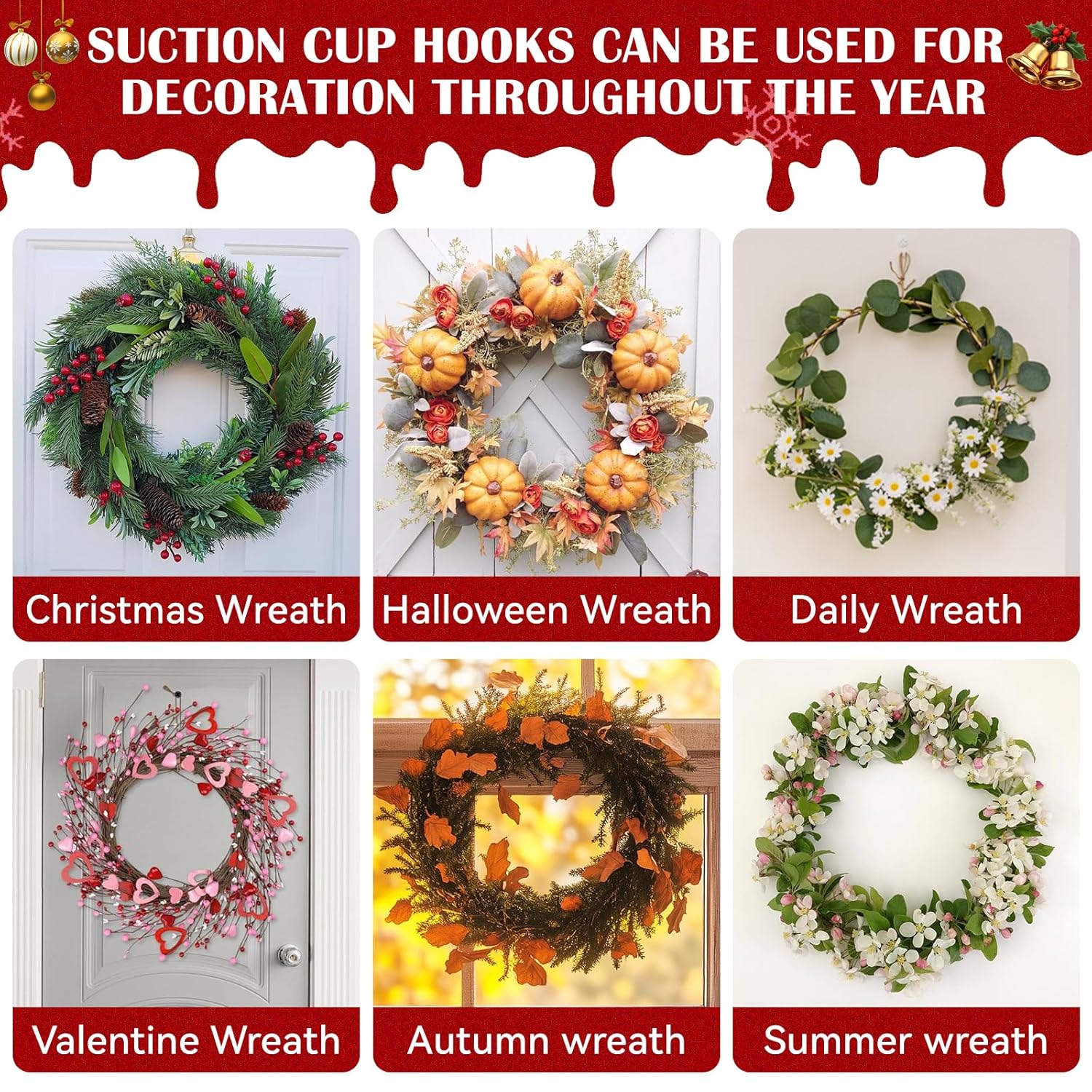 2 Pack Suction Cup Wreath Hangers For Front Door Garland Hanger 11 Lb -22 Lb Suction Wreath Hanger For Glass Door No Drill Suction Hooks For Bathroom Halloween Christmas Decorations,Reusable Holder