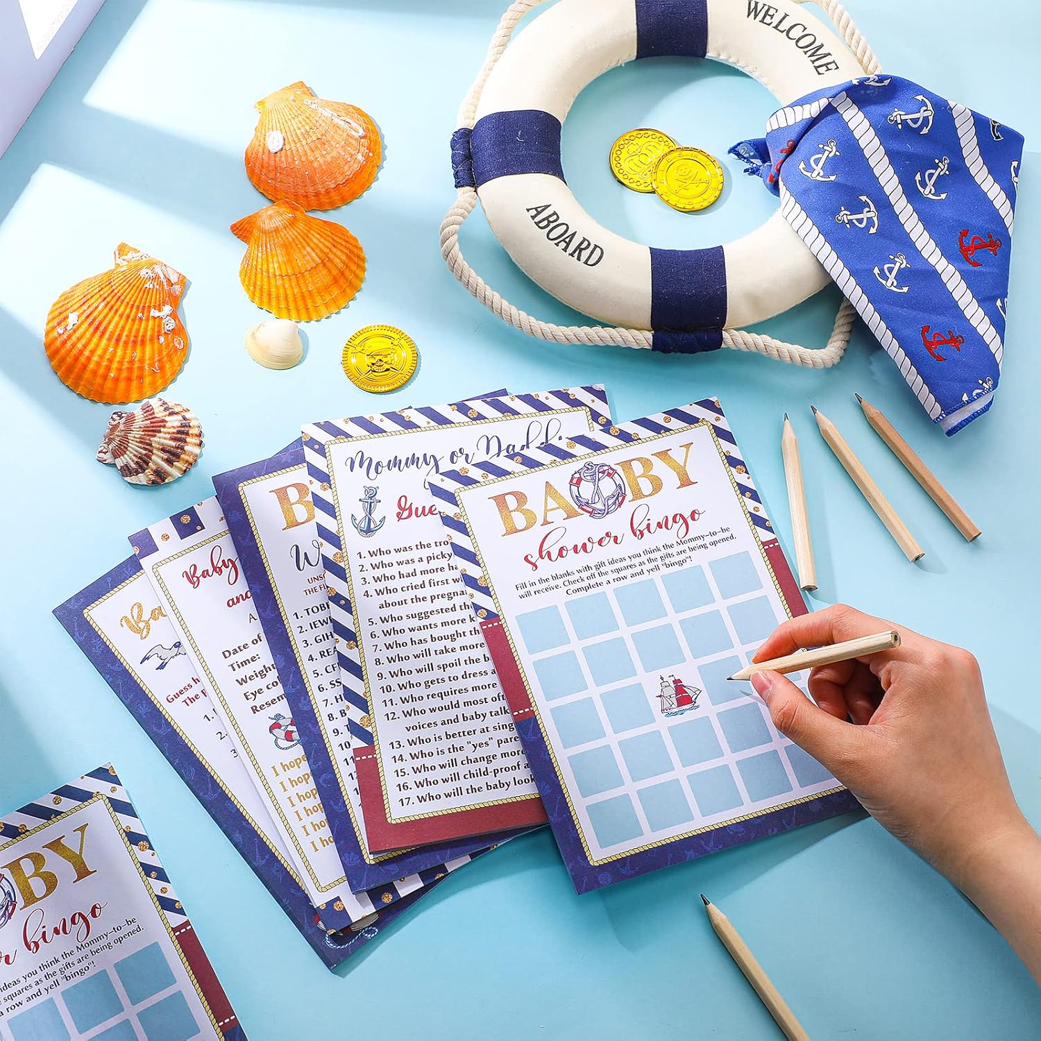 145 Pieces Nautical Baby Shower Games With 5 Games Set And 20 Pencils Baby Shower Games Activities Includes Baby Descriptions Predict Who Price Is Right Word Scramble For Baby Shower Party