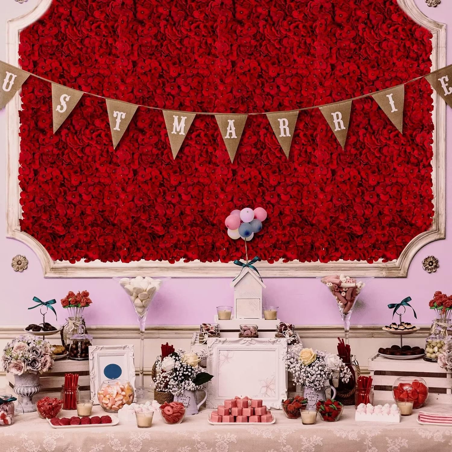 Flower Wall Panel Backdrop - 12 Pcs 24 X 16 Inch Red Artificial Hydrangea Floral Panels For Wedding Party Baby Bridal Shower Decor - 3D Fake Silk Flower Backdrop Decoration