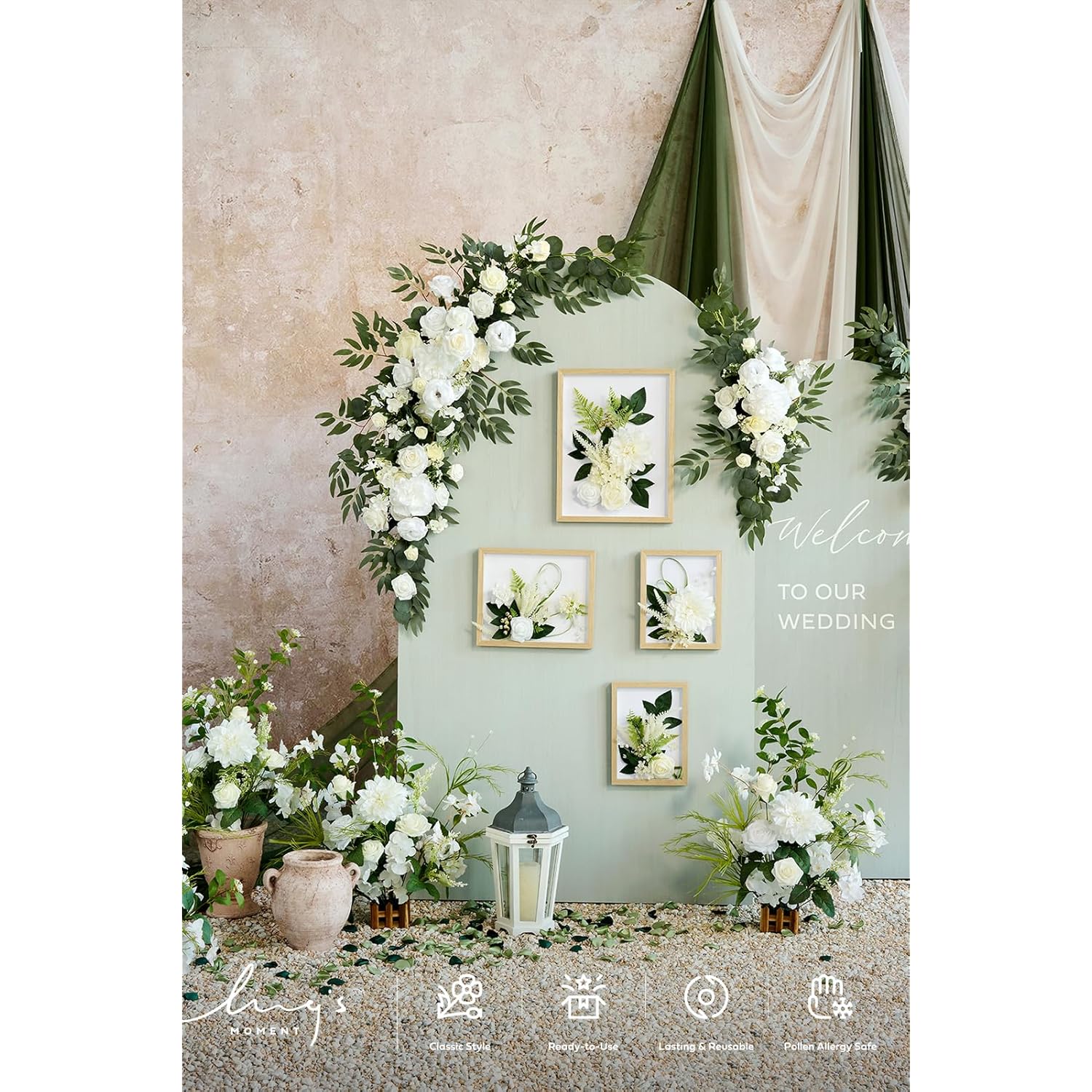 Artificial Wedding Arch Flowers Kit Pack Of 4, 2Pcs Hanging Silk Flowers Arrangement 2Pcs Chiffon Drapes Ceremony Spring Fake Rose Arbor Backdrop White Sage Floral Party Outdoor Decor