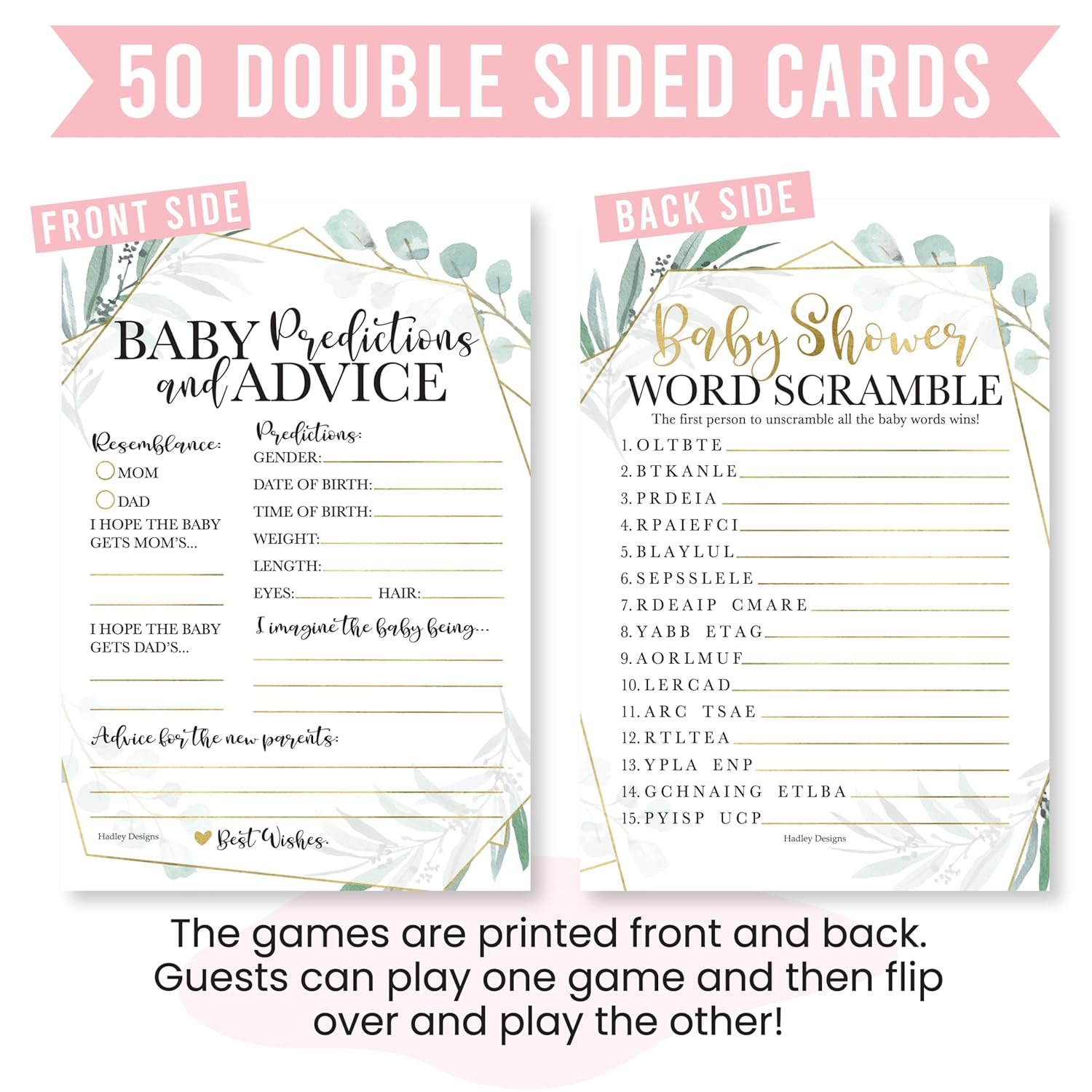Baby Shower Games For 50 Guests - Predictions & Advice Cards For New Parents, Word Scramble Baby Shower Game, Greenery Babyshower Games For Girl Boy Gender Neutral, Designed In Usa