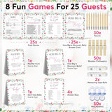 Wildflower Baby Shower Games For 25 Guests, Pacifier Hunt, How Big Is Mommy’S Belly, Don’T Say Baby, Baby Predictions & Advice, Baby Word Scramble, Emoji Pictionary, Mommy Or Daddy, The Price Is Right
