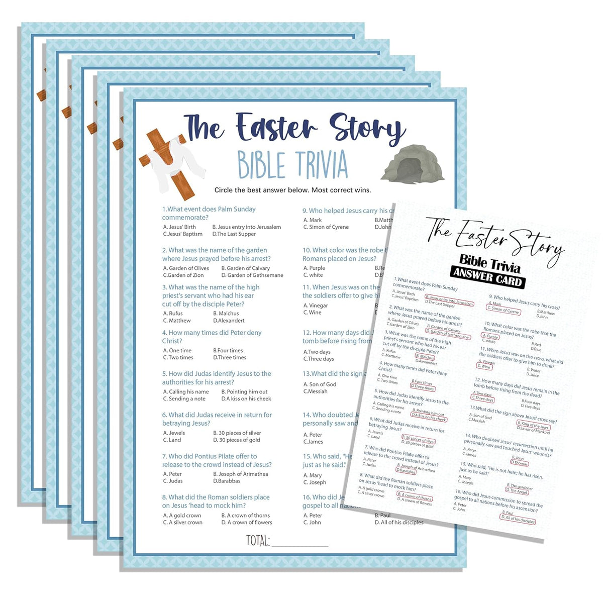 Easter Game Kit - The Easter Story - 20 Pcs Cross And Tomb Theme Bible Game Cards With 1 Answer Card For Family Easter Party Religious Activity School Sunday Activities Favors Decorations - 05