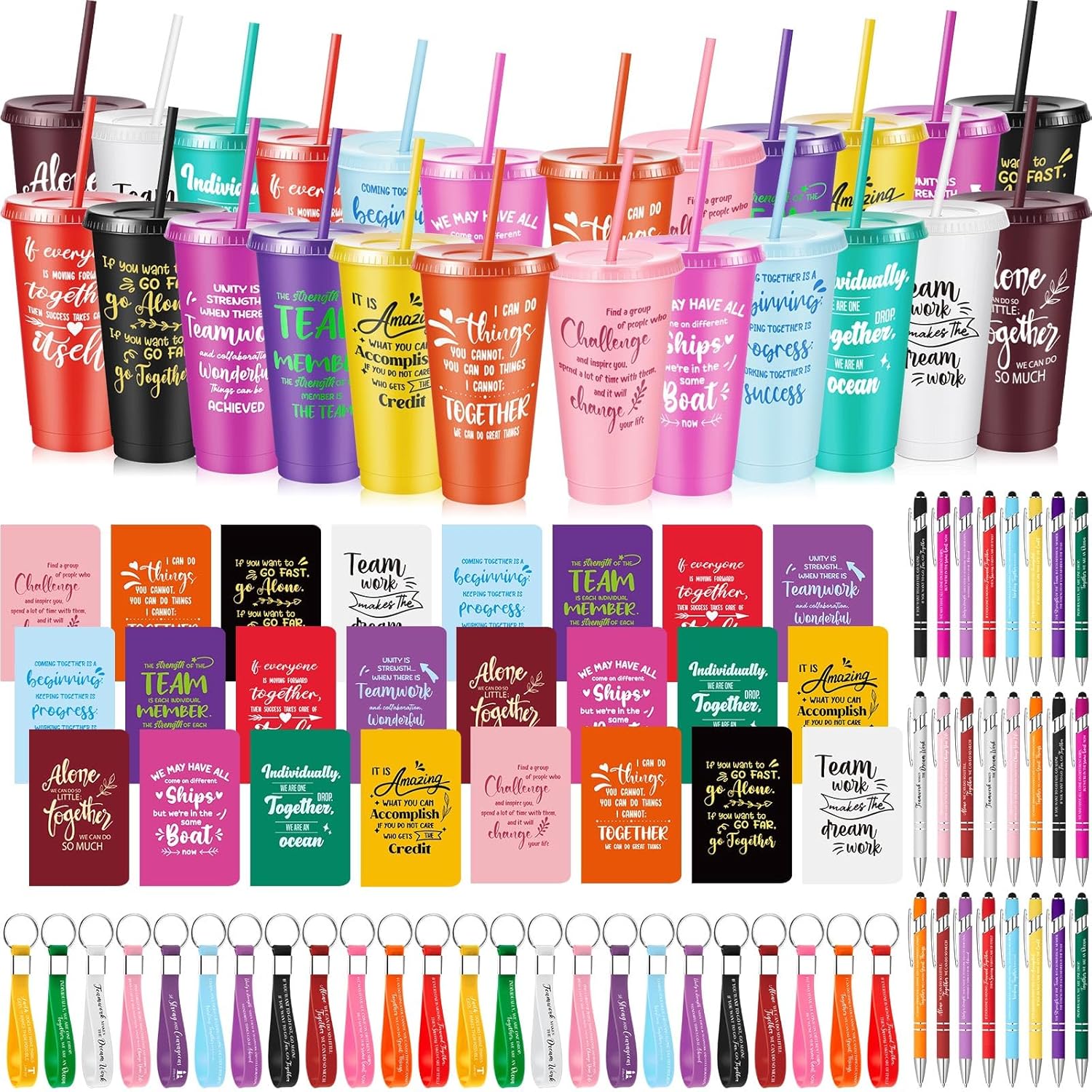 96 Pcs Team Appreciation Gifts For Employee 24 Oz Inspirational Plastic Cups Bulk With Lid And Straw Notebooks Ballpoint Pens Keychain Set Thanksgiving Christmas Gifts (Colorful)