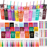 96 Pcs Team Appreciation Gifts For Employee 24 Oz Inspirational Plastic Cups Bulk With Lid And Straw Notebooks Ballpoint Pens Keychain Set Thanksgiving Christmas Gifts (Colorful)