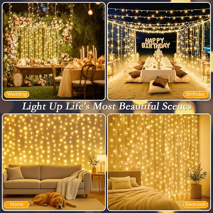 300 LED Curtain String Lights 9.8FT x 9.8FT Warm White Plug In Fairy Lights with Remote Dimmable Timer 8 Modes for Wedding Decor