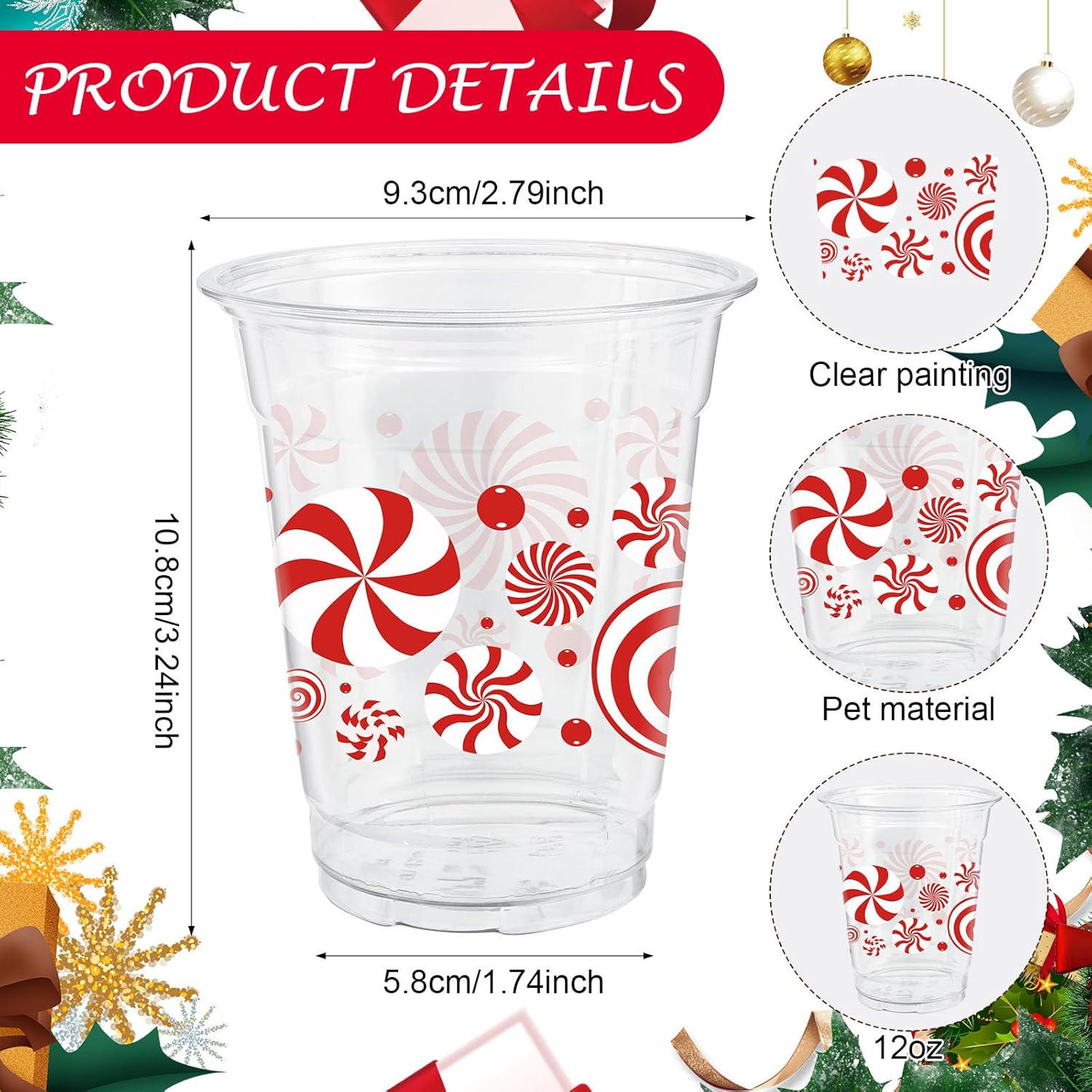 50 Pcs 12Oz Christmas Plastic Cups,Red White Christmas Peppermint Candy Cane Disposable Clear Plastic Cups Juice Soda Beverage Party Favors For Merry Xmas Holiday Themed Decorations Supplies