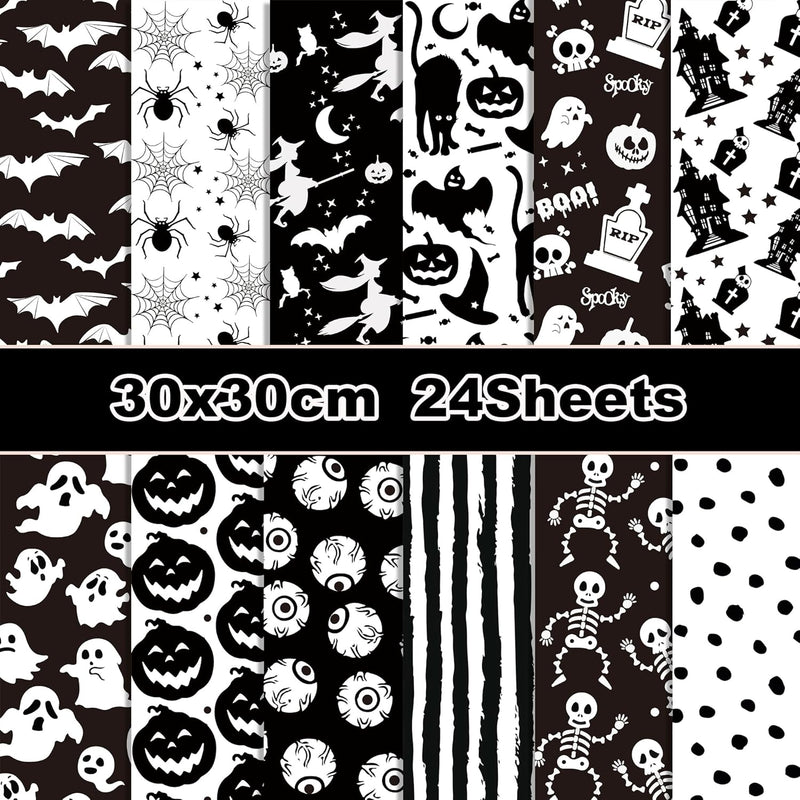 12-Inch Halloween Pattern Cardstock, 24 Sheets Scrapbook Paper, Double-Sided D