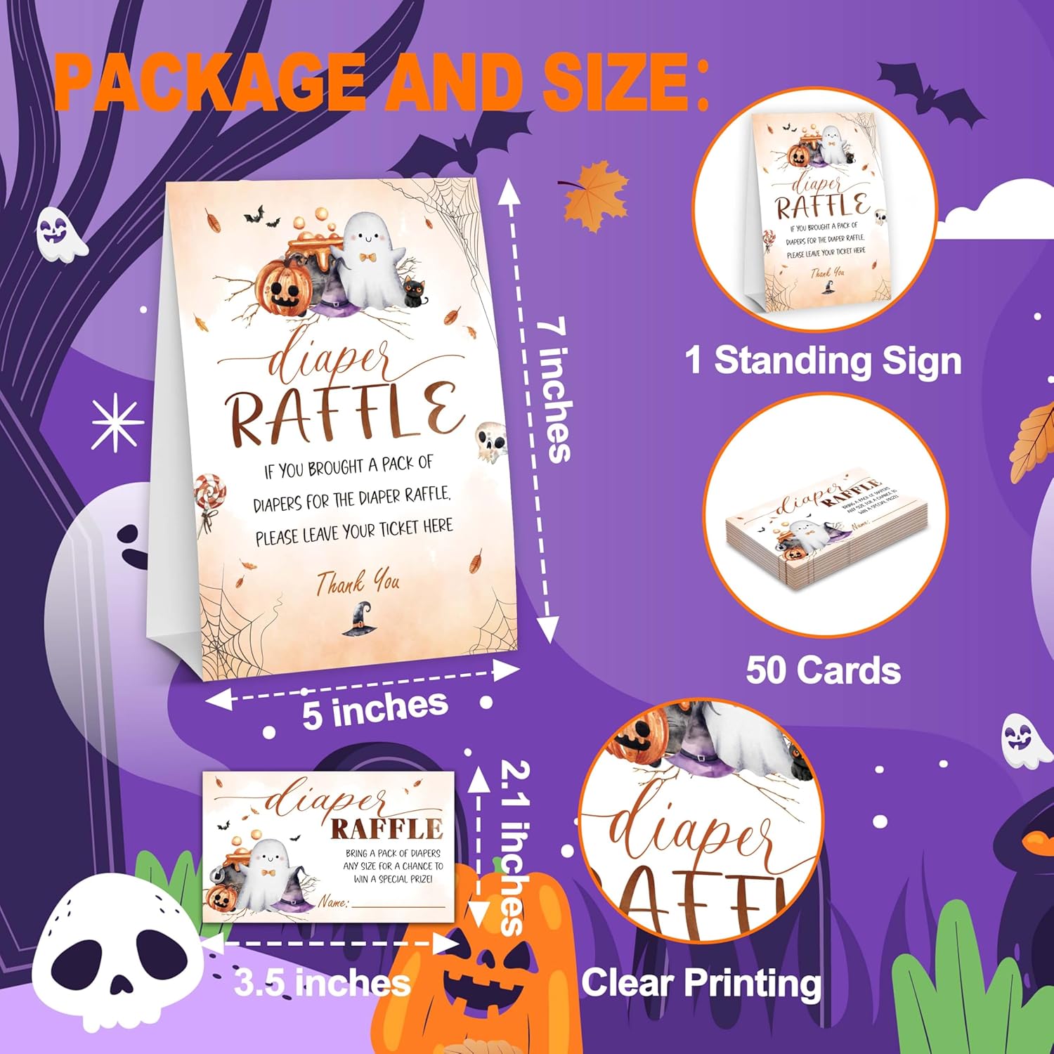 Halloween Baby Shower Games, Hilarious Diaper Raffle Tickets, Pumpkin Gender Reveal Game Cards For Baby Party Supplies, 1 Standing Sign + 50 Tickets - A07