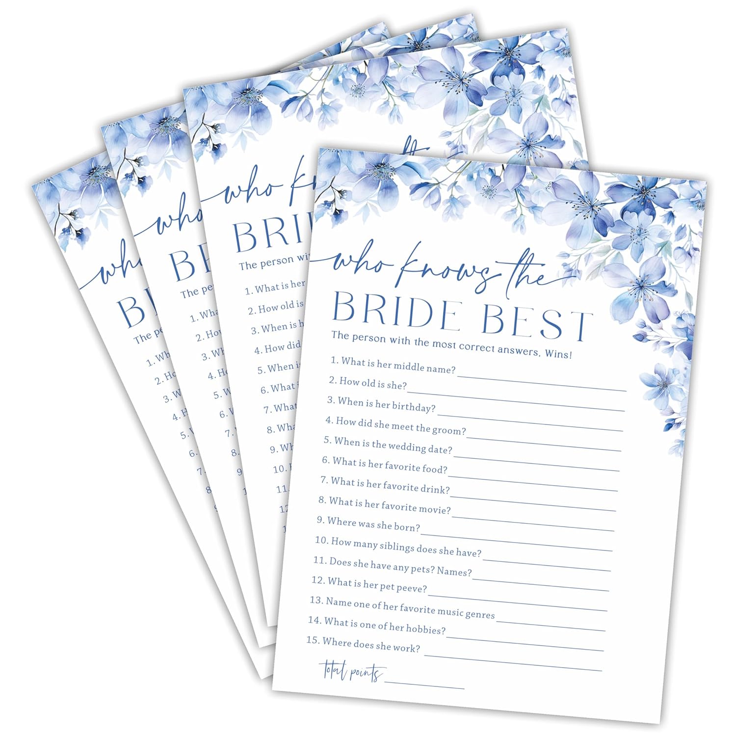 Who Knows The Bride Best Bridal Shower Game - Blue Floral - 30 Pcs Double-Sided Fill-In Wedding Game Cards For Newlyweds, Engagement Party Activities & Decorations -A06