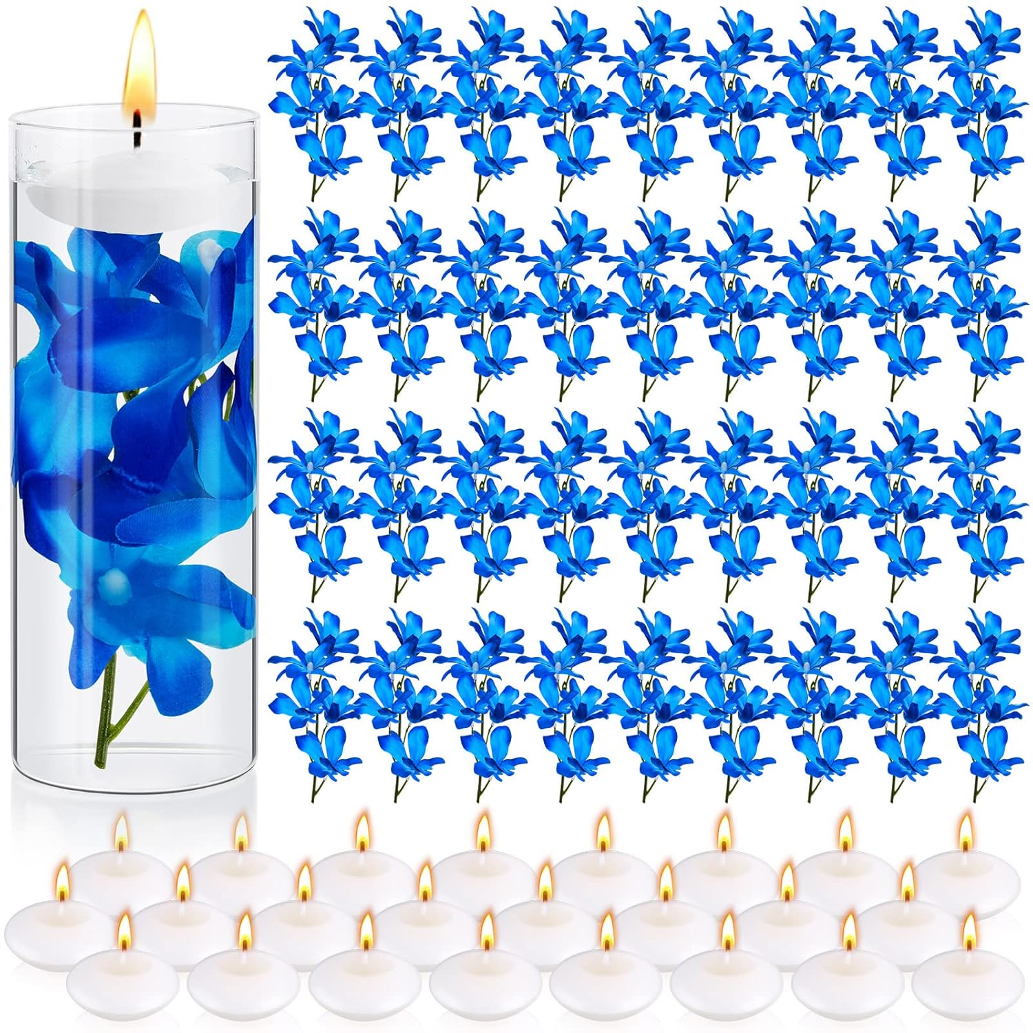 42 Pcs Blue Orchids Artificial Flower Vase Fillers For Floating Candles Wedding Table Centerpiece Blue Orchid And Unscented Floating Candles For Wedding Table Christmas Party Home Decoration