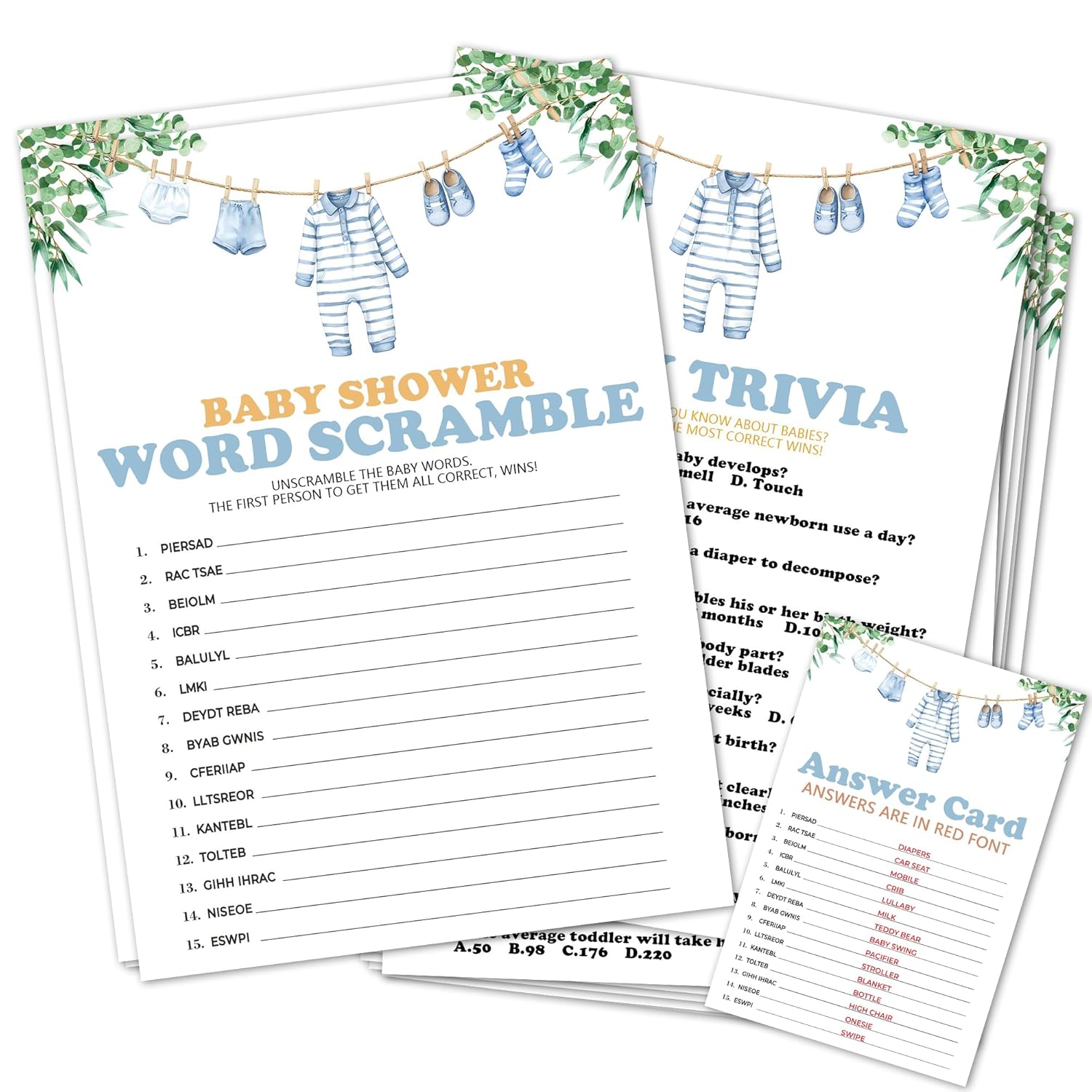 Word Scramble & Baby Trivia Theme Baby Shower Games Activity-Baby Clothes Game Cards For Boys-30 Greenery Game Cards(5”X7”) & 1 Answer Card(4”X6”)-Baby Shower Party Supplies & Favors-A06