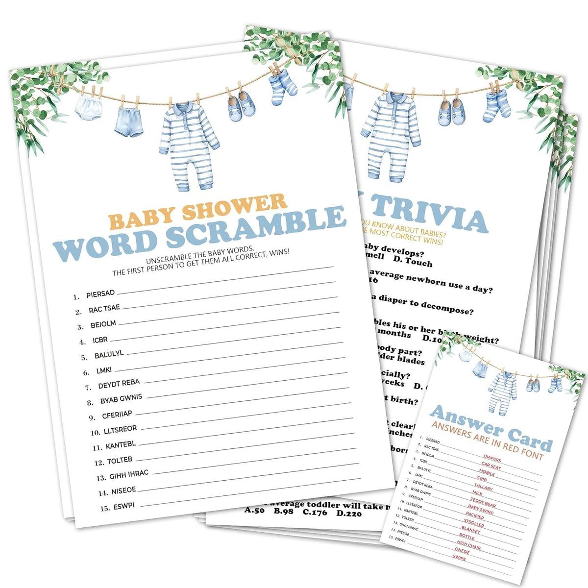 Word Scramble & Baby Trivia Theme Baby Shower Games Activity-Baby Clothes Game Cards For Boys-30 Greenery Game Cards(5”X7”) & 1 Answer Card(4”X6”)-Baby Shower Party Supplies & Favors-A06