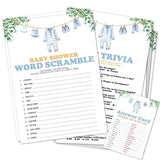 Word Scramble & Baby Trivia Theme Baby Shower Games Activity-Baby Clothes Game Cards For Boys-30 Greenery Game Cards(5”X7”) & 1 Answer Card(4”X6”)-Baby Shower Party Supplies & Favors-A06