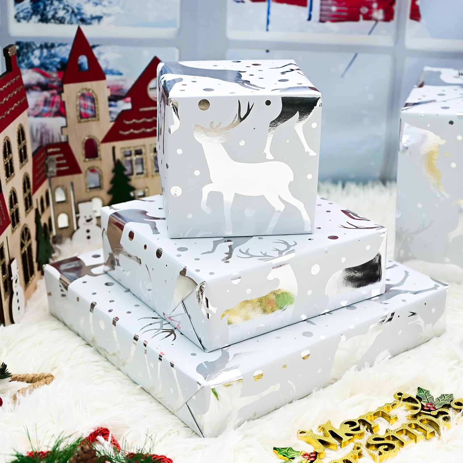 Christmas Wrapping Paper Roll - Sliver White Reindeer Gift Wrap Metallic Foil Design For Festive Winter Holiday Season (Sliver, 17 Inch X 16.5 Feet)
