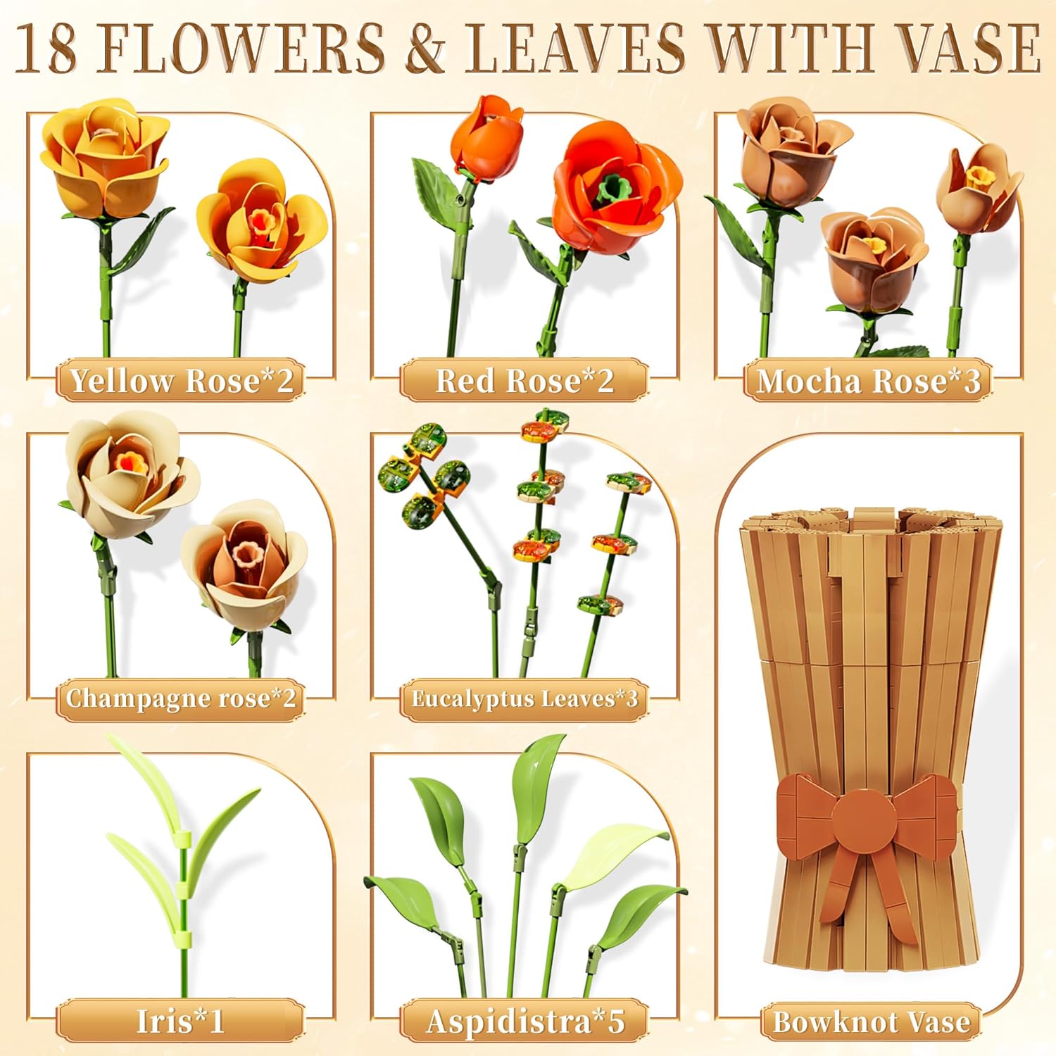 Flowers Set With Vase For Adults Compatible With Lego Flowers, Icon Roses Bouquet Botanical Collection Kits Artificial Flower Set, Valentines Day Gifts For Her Him Kids 14+, Home Office Decorations