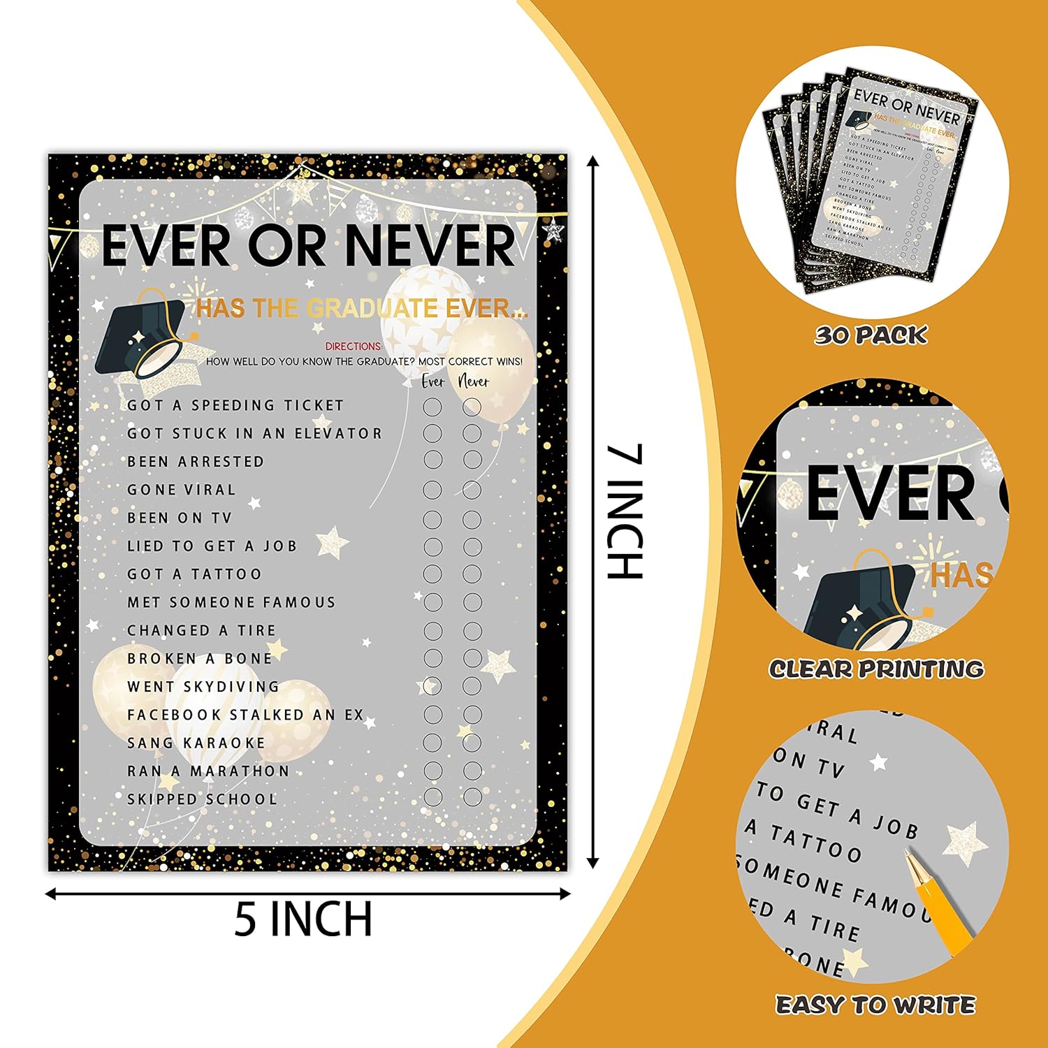Graduation Party Games - Ever Or Never Game Cards For The Graduate - Graduation Party Decorations 2024 - Gold & Black Grad Celebrations Party Supplies For High School/College - 30 Game Cards(E02)