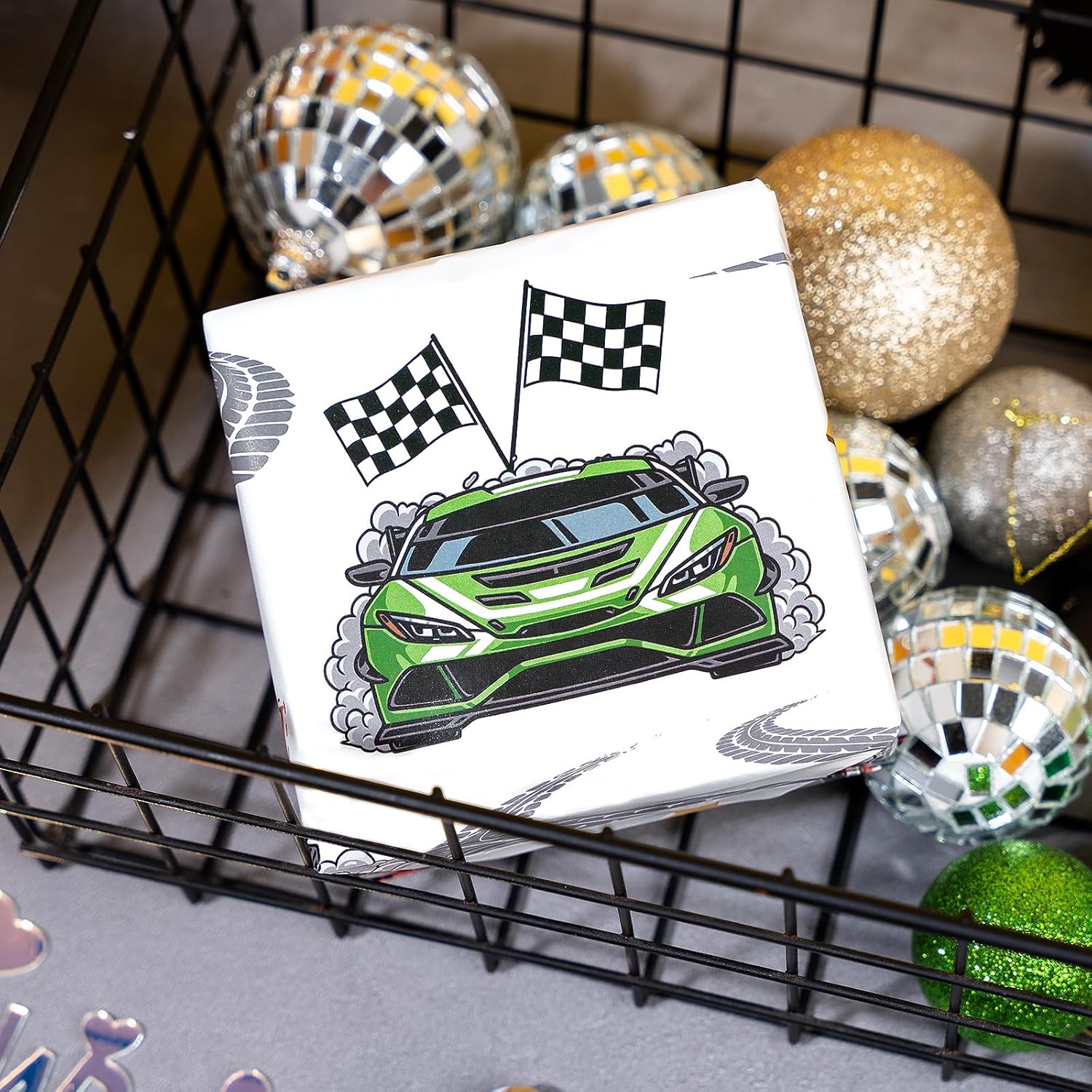 Race Car Birthday Wrapping Paper - 12 Sheet - Flames, Checkered Flags, Happy Birthday Text, Racing Cars & Tire Tread Pattern For Kids, Boys, Racing Lover - 27.5 X 19.6 Inches Per Sheet