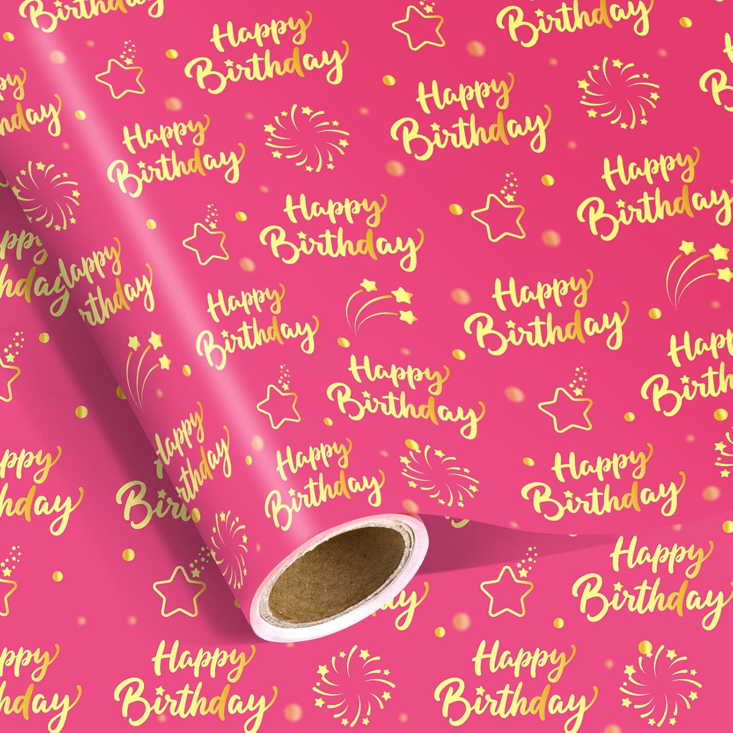 Pink Gold Birthday Wrapping Paper Roll For Girls Women, Pink And Gold Gift Wrap Paper, Gold Star And Dot Design Gift Packing Paper Art Paper For Birthday Baby Shower Party, 17Inch X 16.5Feet