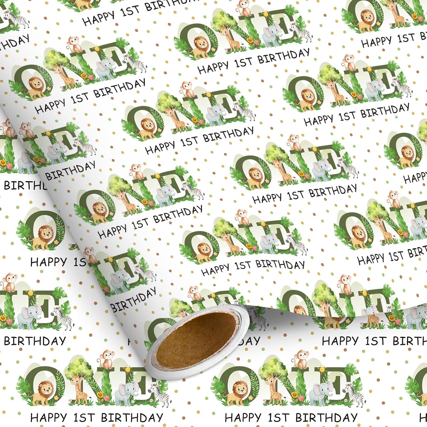 Age 1 Gift Wrapping Paper Roll Wild One 1St Birthday Wrapping Paper Jungle Animals Birthday Gift Wrap With Jungle Animals Design For Baby Shower Xmas Holiday Party Supplies, 17 Inch ×16.4 Feet