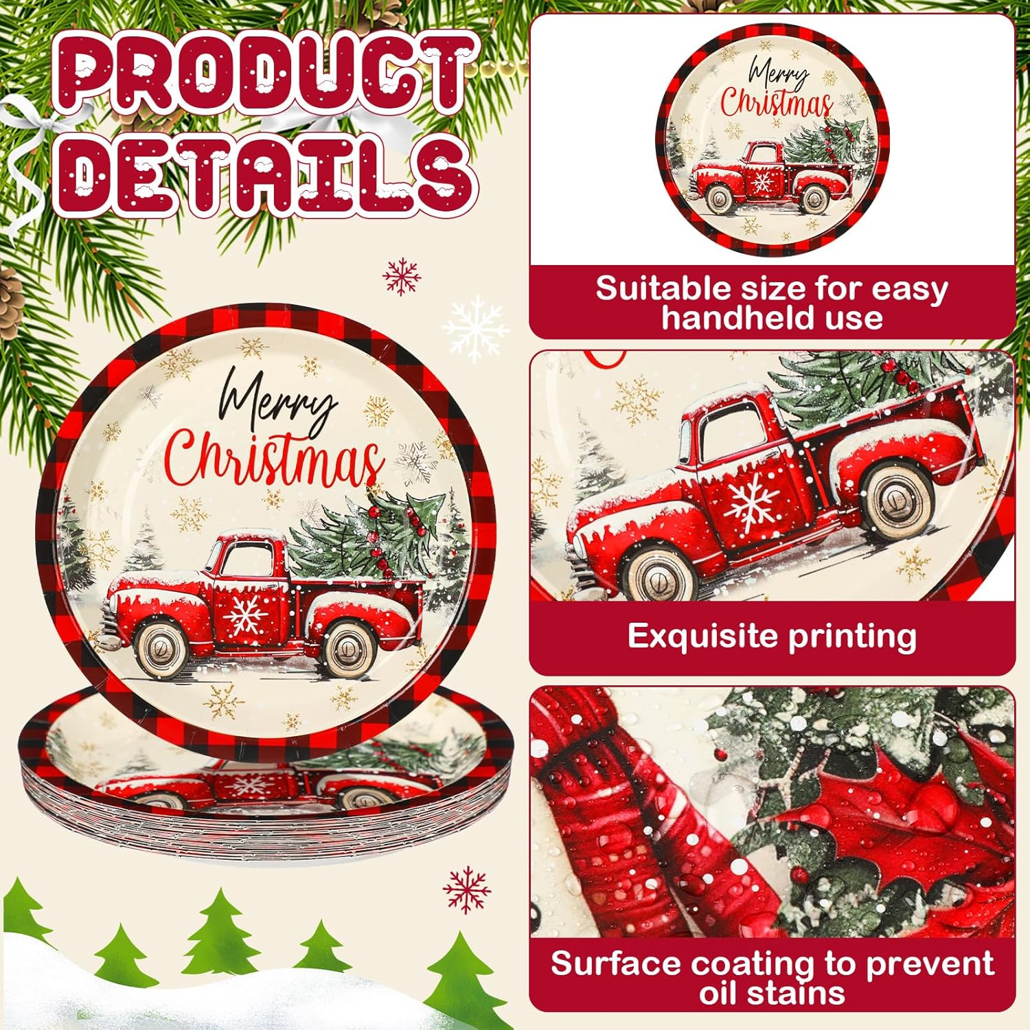 100 Pcs Christmas Paper Plates Disposable 9 Inch Black And Red Plaid Snowman Dinner Round Plates For Xmas Holiday Birthday Party Table Decor