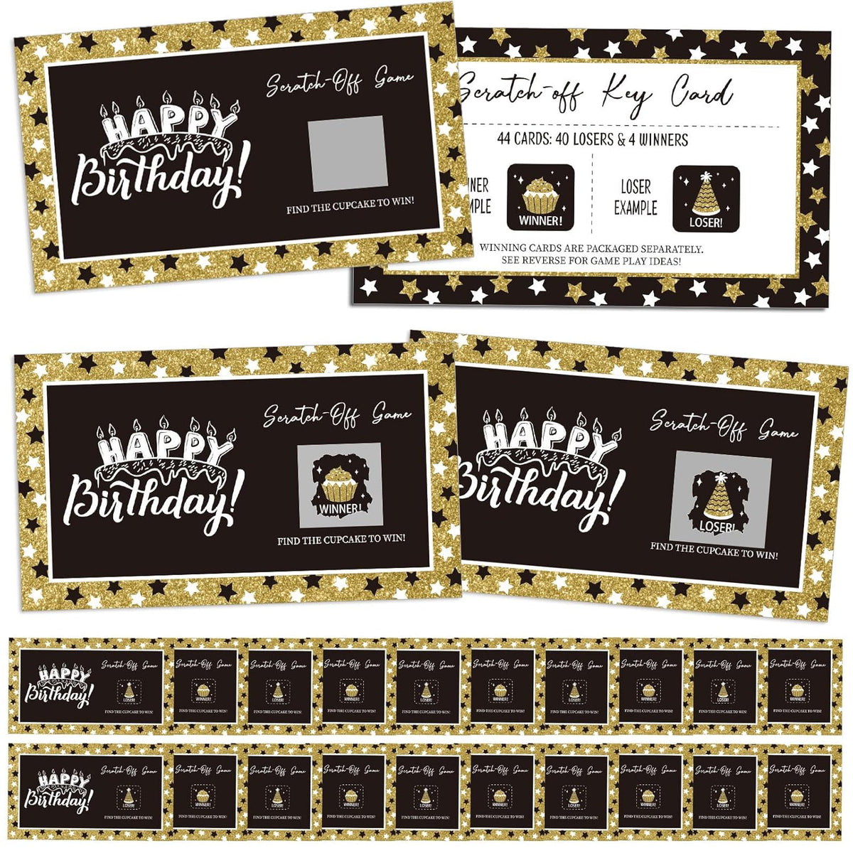 45 Pcs Happy Birthday Party Game Scratch Off Cards Birthday Games Tickets Including 4 Winner 40 Loser 1 Instruction Cards For Adults Birth Party Favors, 4.72 X 2.76 Inches