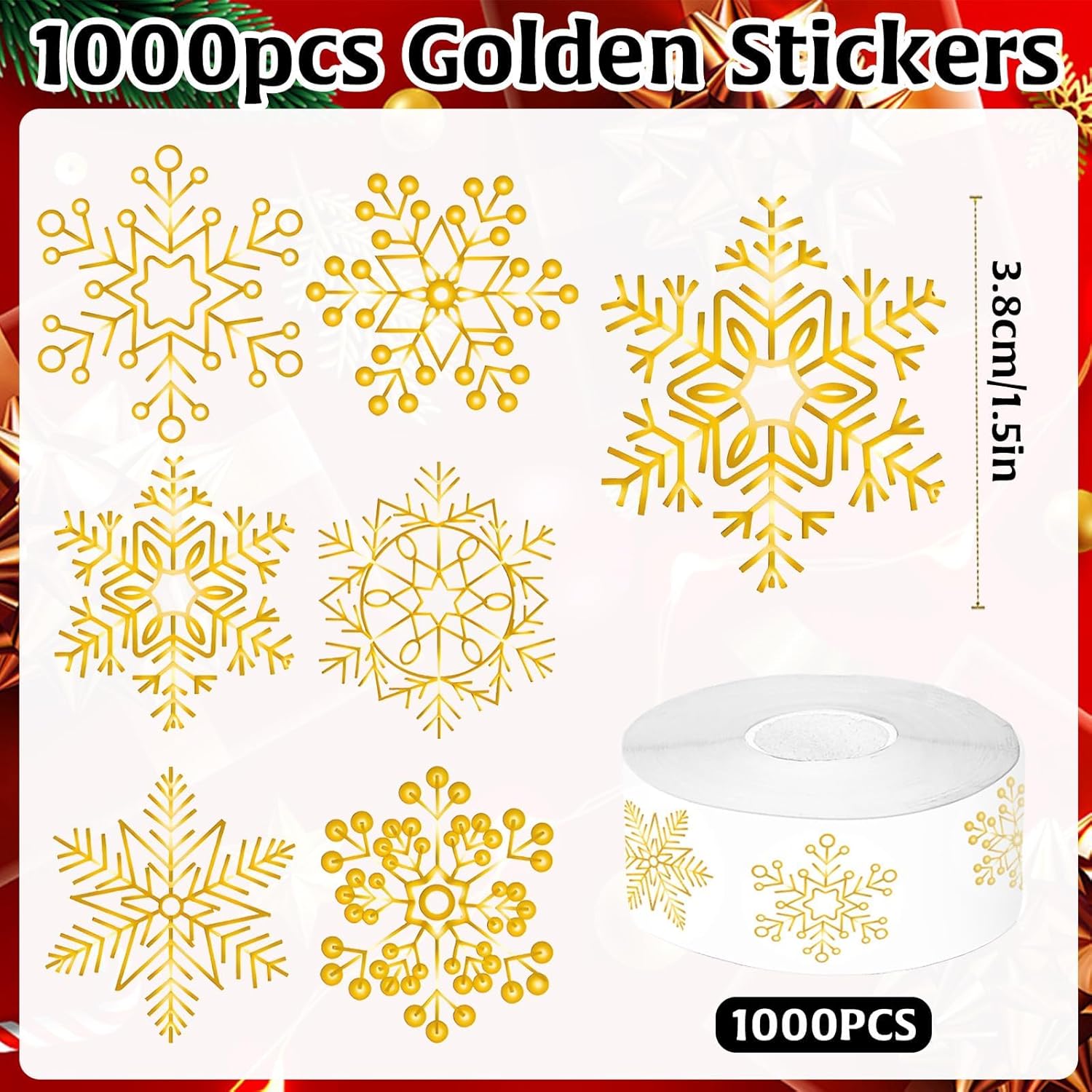 1000Pcs Gold Christmas Stickers Label Roll - Snowflake Holiday Labels 1.5In For Cards, Xmas Winter Merry Christmas Gifts Envelope Decors 6 Styles