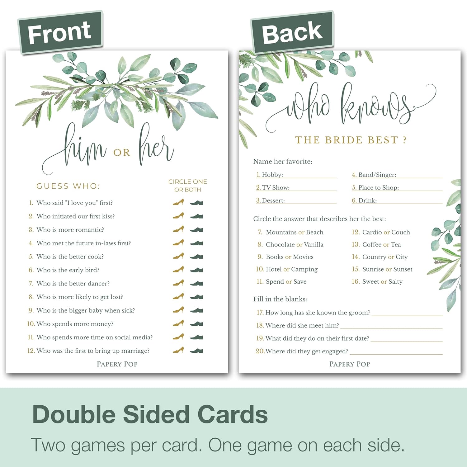 Bridal Shower Games - Wedding Shower Games - 4 Games For 25 Guests - Double Sided Cards - Eucalyptus