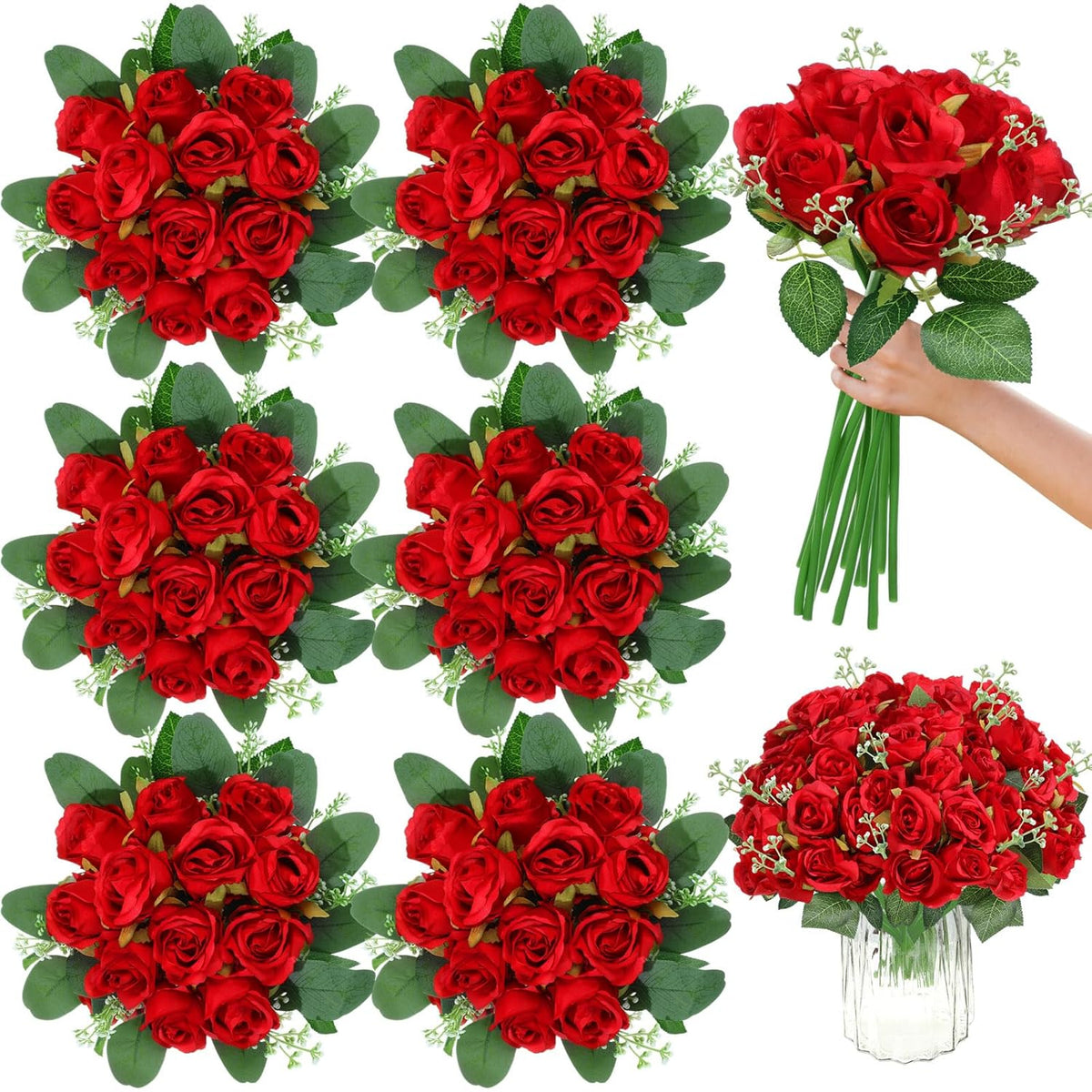 108 Pcs Artificial Silk Rose Bouquet Flowers Bulk Fake Roses With Stem Plastic Realistic Faux Floral For Spring Craft Wedding Bridal Shower Table Centerpieces Party Vase Garden Decor(Red)
