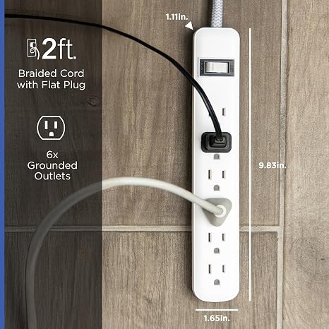 2 Pack Surge Protector Power Strip 6 Outlets 2FT Braided Flat Plug Extension Cord 245J White