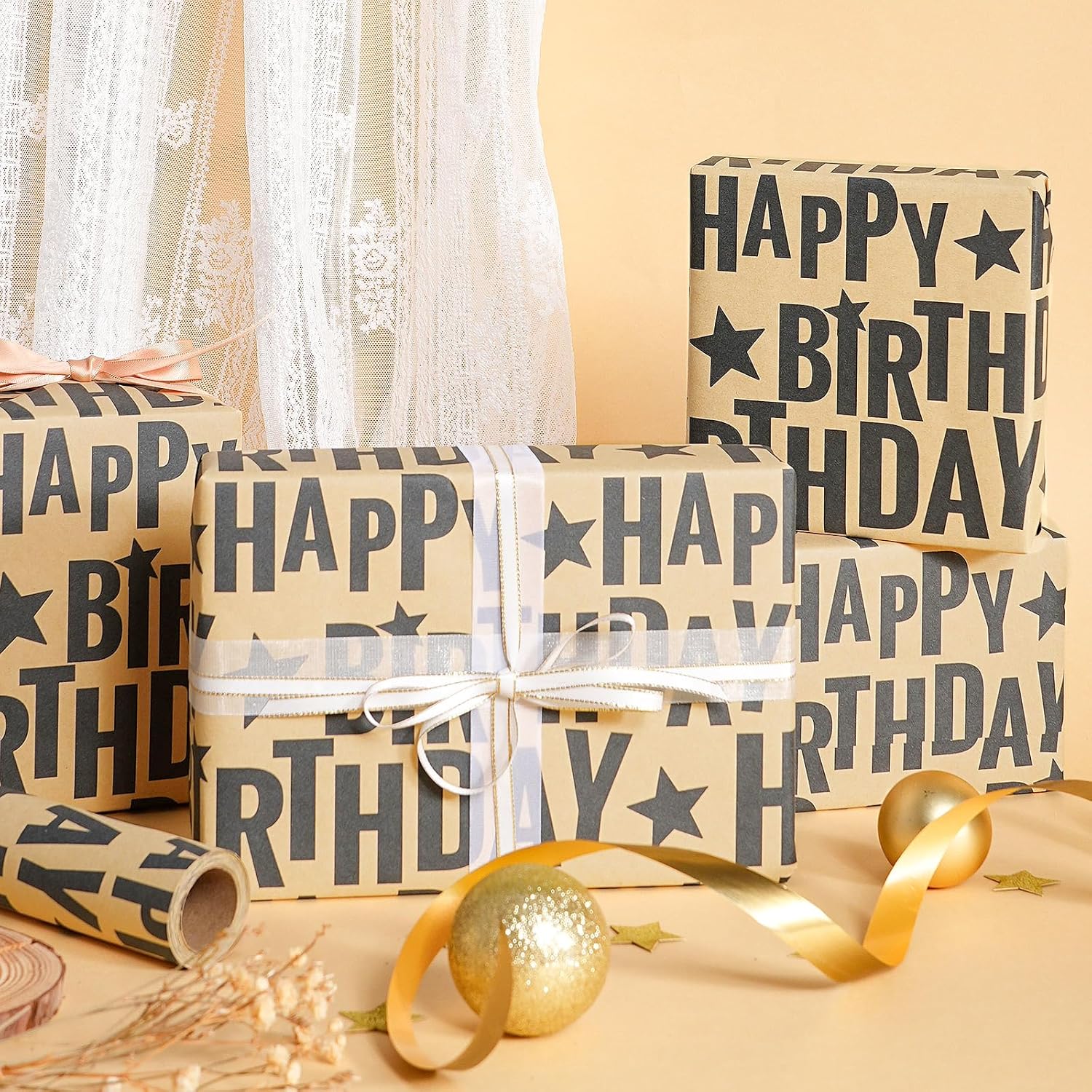 Birthday Wrapping Paper Roll, Mini Roll, Black Bold Happy Birthday Text With Star Design Kraft Gift Wrap Paper For Men, Women, Teens And Minimalist Party, 17 Inches X 16.4 Feet