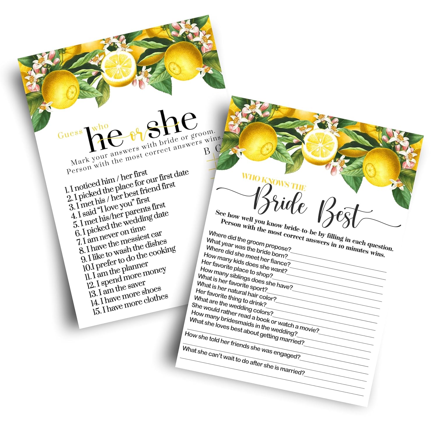 Lemon Bridal Shower Games - Bundle Includes He Said Or She Said & Who Knows The Bride Best - 25 Double-Sided Cards - Fun Ideas For Engagement Parties & Rehearsal Dinners - Main Squeeze Design