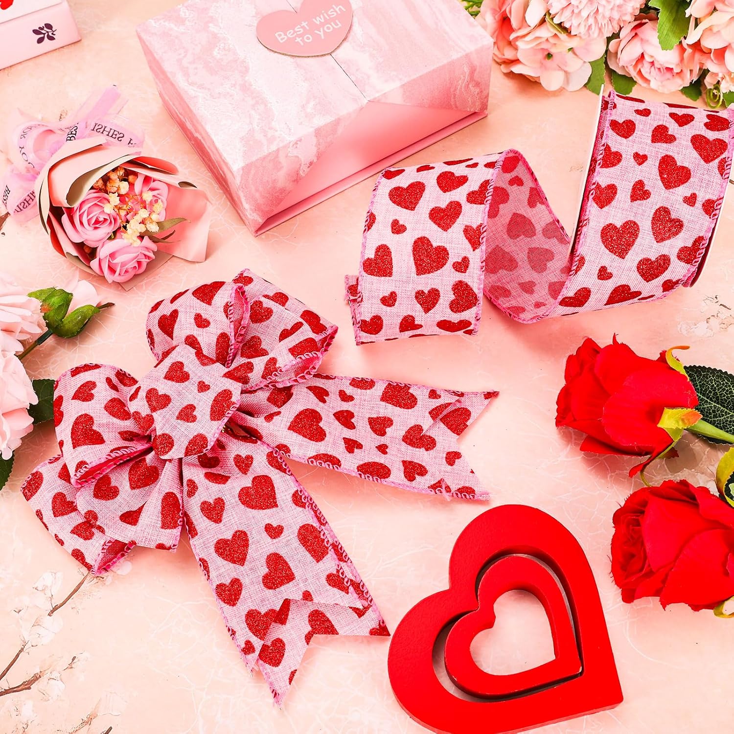 Valentine'S Day Wired Edge Ribbons Craft Ribbon Pink Red Glitter Heart Fabric Wrapping Ribbon For Bow Wreath Party Home Decor, 2.5 In, 10 Yards