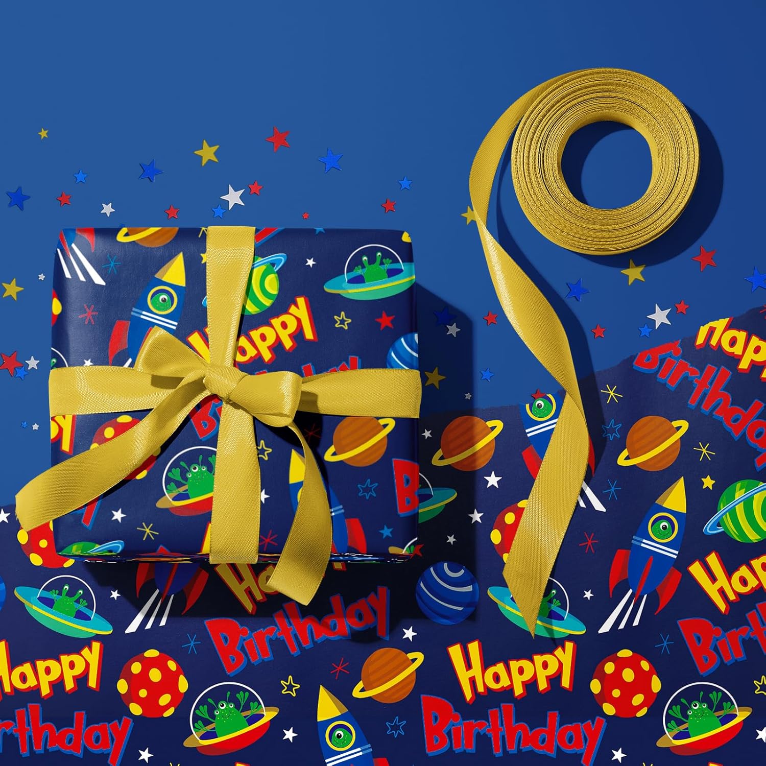 Space Birthday Wrapping Paper Roll - Mini Roll - 17 Inch X 33 Feet - Rocket And Happy Birthday Design, Perfect For Kids Girls Boys Bday, Space Lovers
