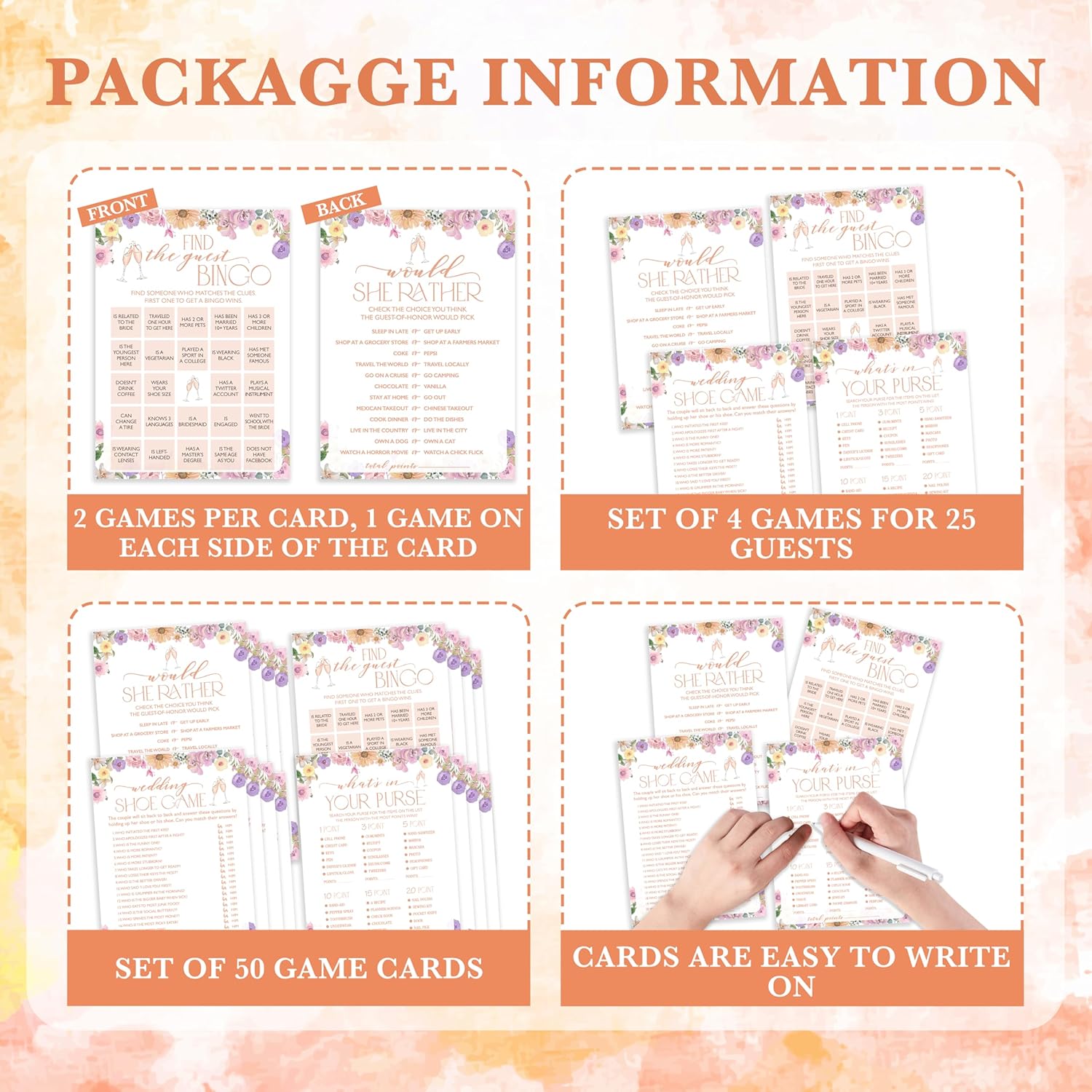 Bridal Shower Game, Find The Guest Bingo, Wedding Shoe, What'S In Your Purse, Would She Rather, 4 Games For 25 Guests, Engagement Party Supplies, Wedding Favors -Set01