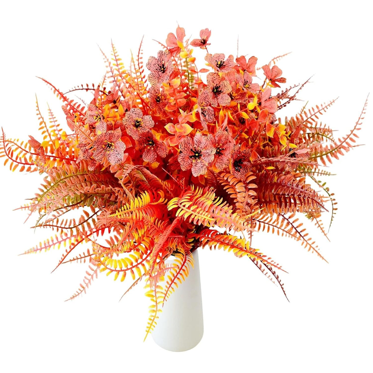Artificial Fall Flowers ,12Pcs Thanksgiving Decorations, Outdoor Uv Resistat Silk Violet Boston Fern Flowers Bunches,Fake Mums Faux Plants For Outside Garden Front Porch Sidewalk Window Box (Orange-2)