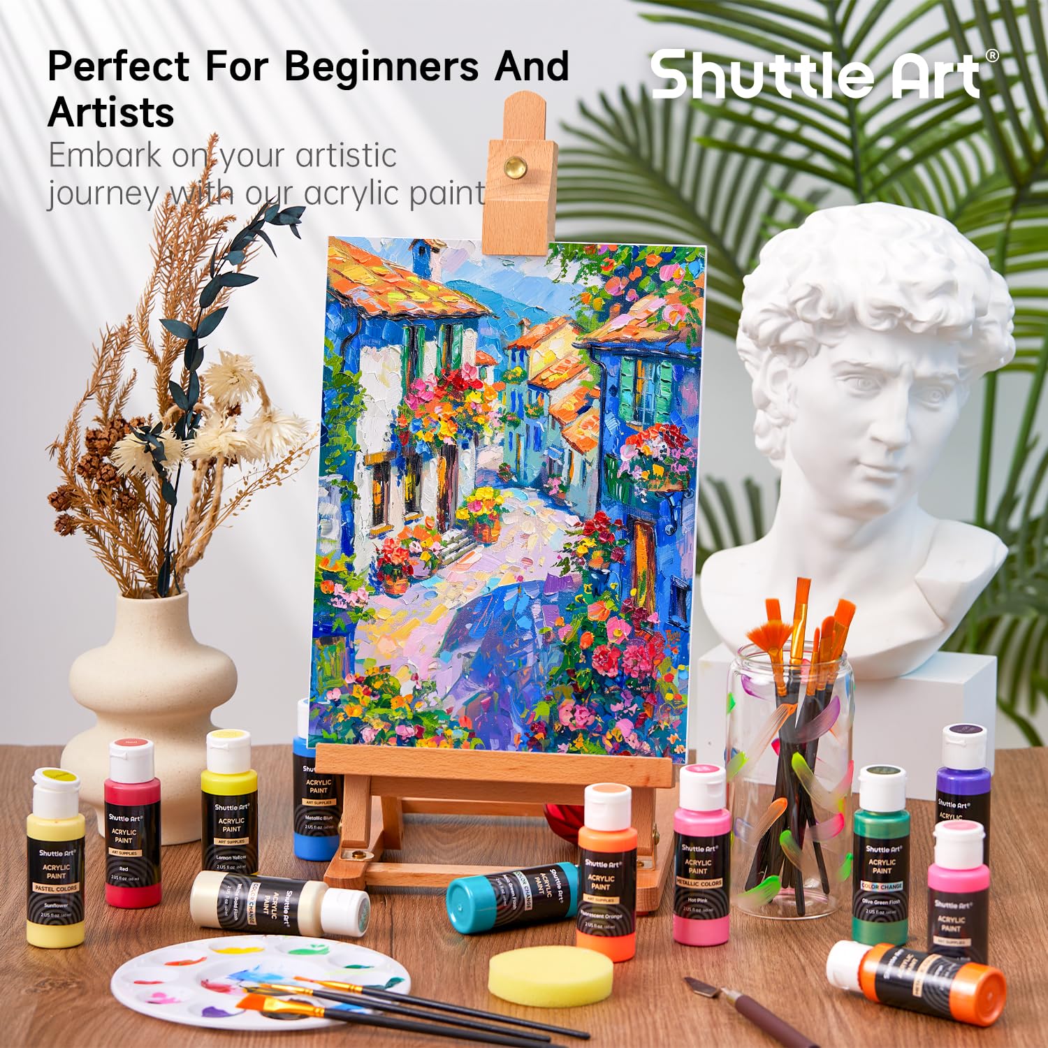 100 Colors Acrylic Paint, 2Oz/60Ml Bottles, Include 2 Sets Of 12 Paint Brushes, 1 Art Sponge & Palette, Premium For Artists, Beginners & Kids On Canvas Rocks Wood Ceramic