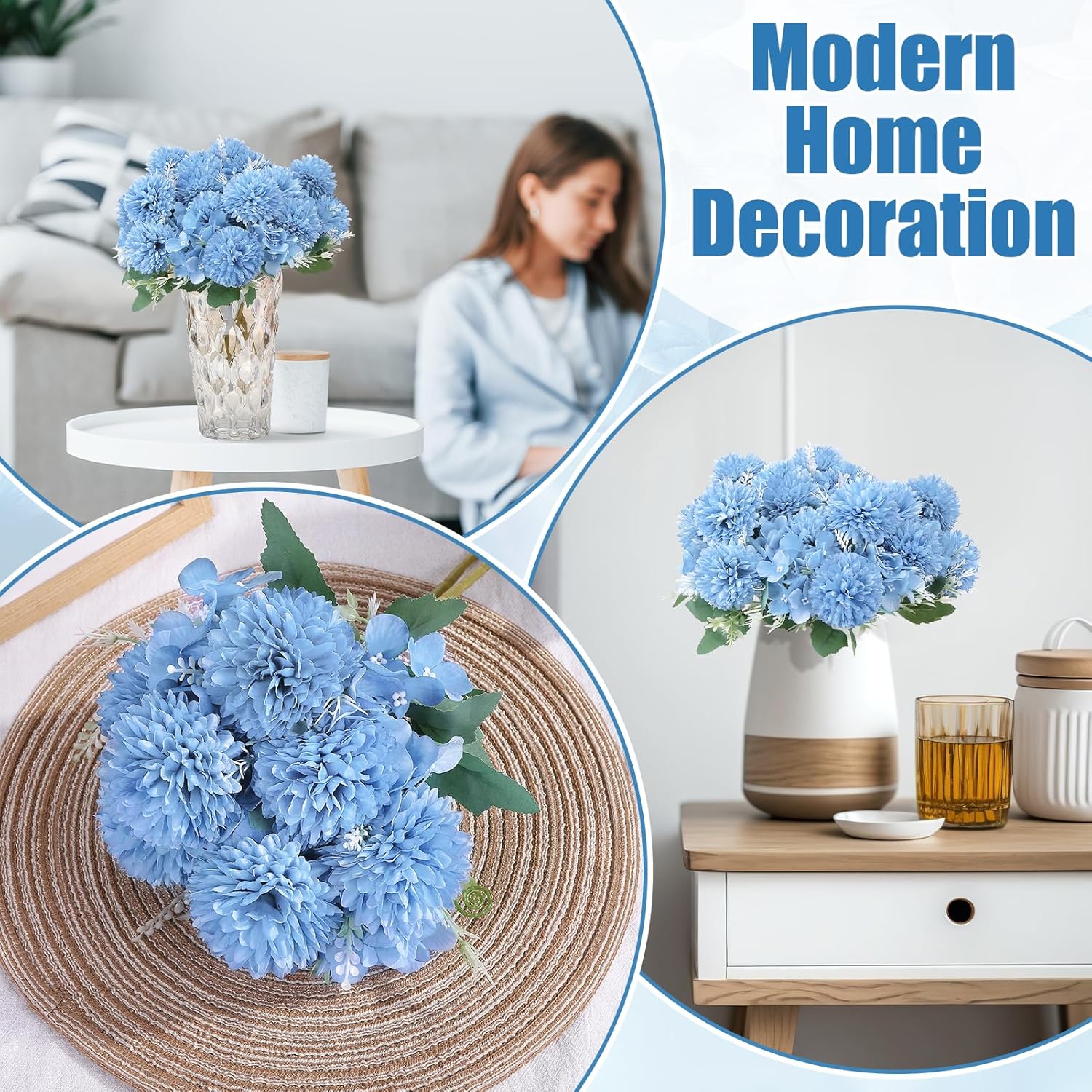 8 Pack Blue Artificial Hydrangea Chrysanthemum Ball Fake Silk Bouquet Outdoor Bridal Wedding Photo Props Home Decoration
