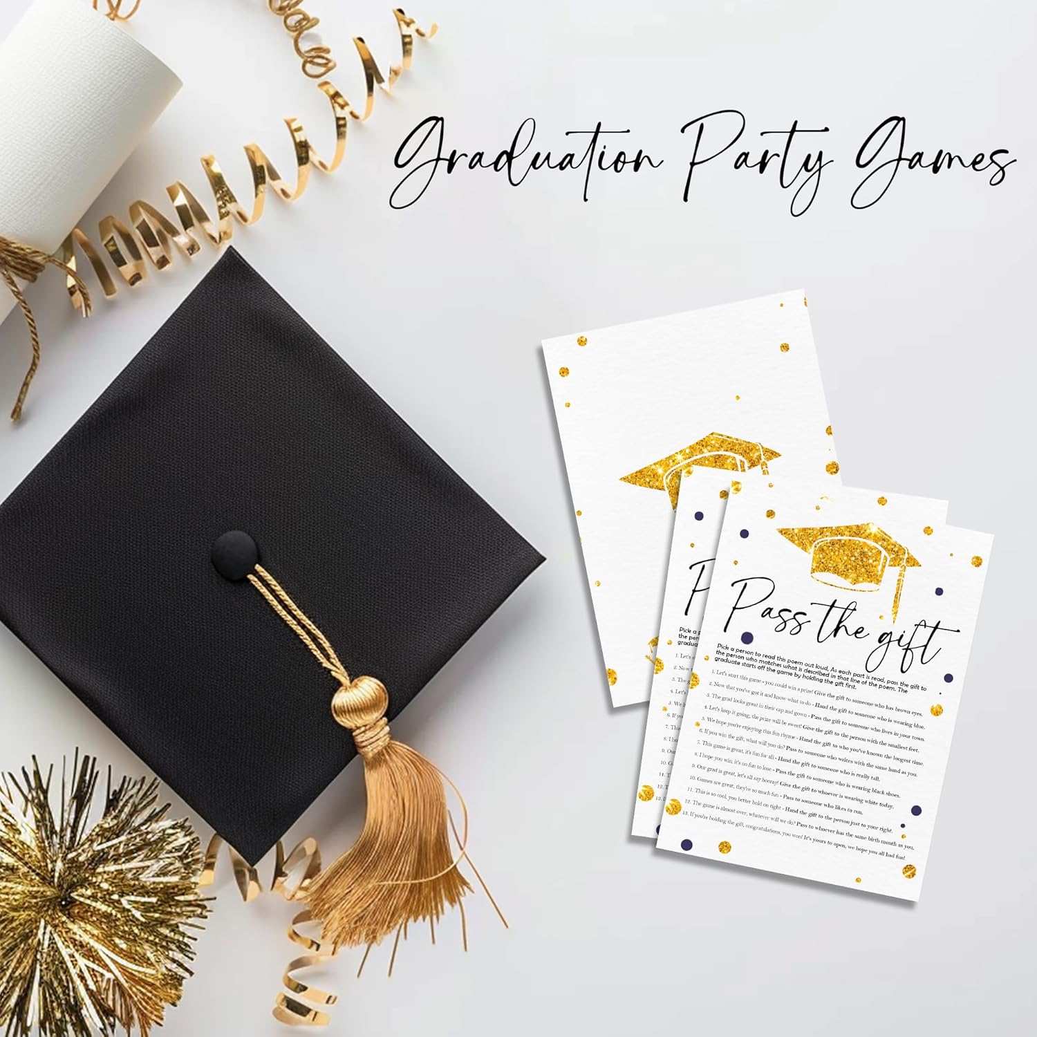 20 Pcs Graduation Game Card Class Of 2025, Golden Graduation Cap Pass The Gift Game Card, 2025 Graduation Games For Senior High School College Graduation Party Activities And Decorations - A02