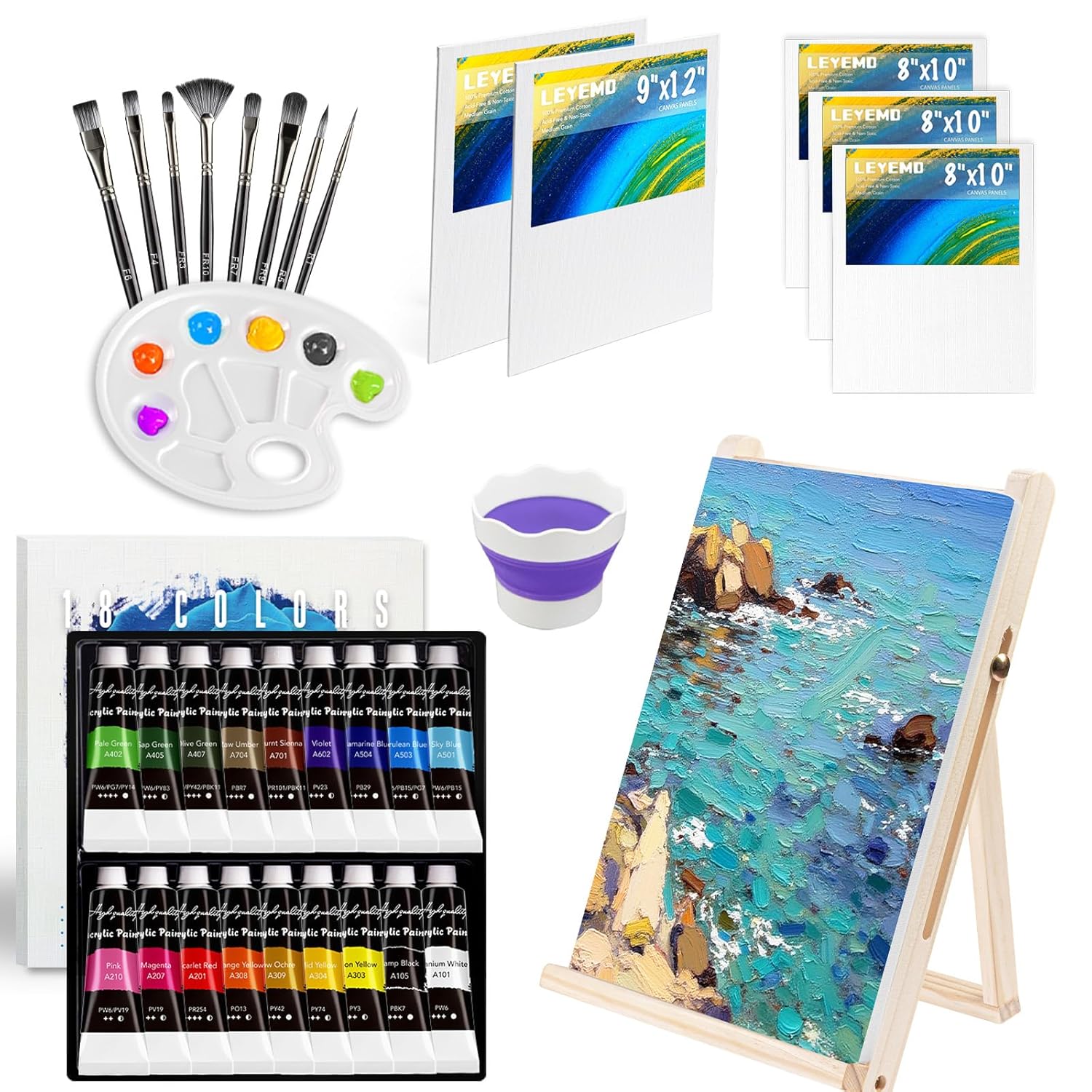 Acrylic Paint Set For Kids, Art Supplies Painting Kit With18 Acrylic Paints, 5 Canvas, 8 Paint Brushes, Easel, Palette Ete, Paint Set Gifts For Adults & Artist