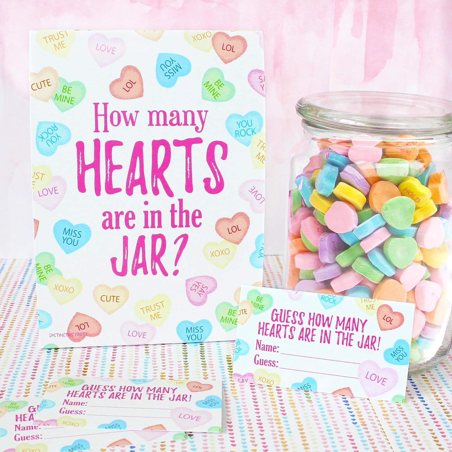 Valentine'S Day Party Game - How Many Candy Hearts In The Jar Party Activity (1 Sign & 30 Guessing Cards)