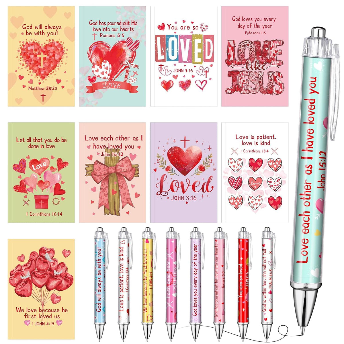18 Pcs Christian Valentine'S Day Notebooks & Pens Set 9 Religious Bible Journals 9 Verse Jesus Ballpoint Pens, Faith Stationery Gift For Women, Church Members, Study Group, Vbs Sunday School