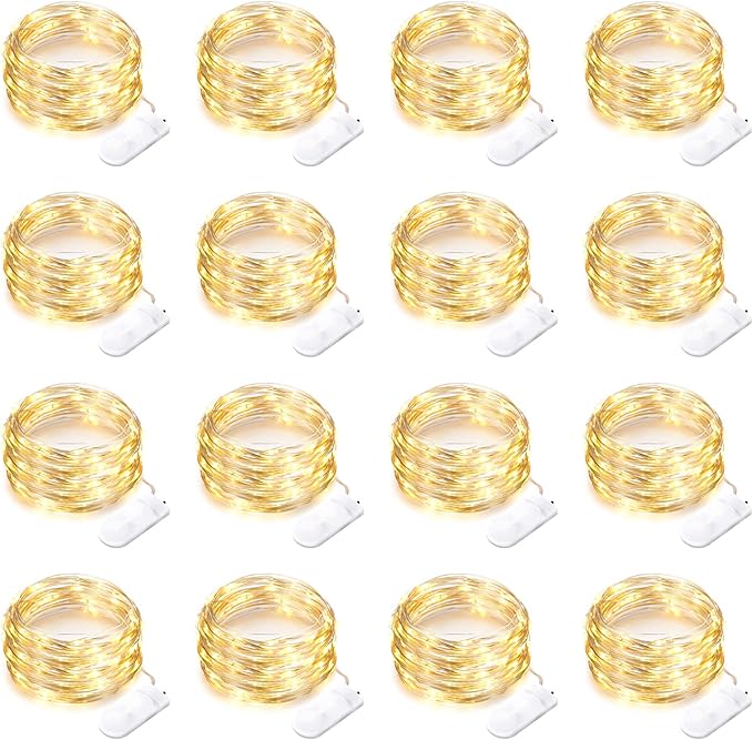 16 Pack Battery Operated Fairy Lights 10FT 30 LED Warm White String Lights Waterproof Silver Wire Firefly Lights for Wedding Party Mason Jar Decor