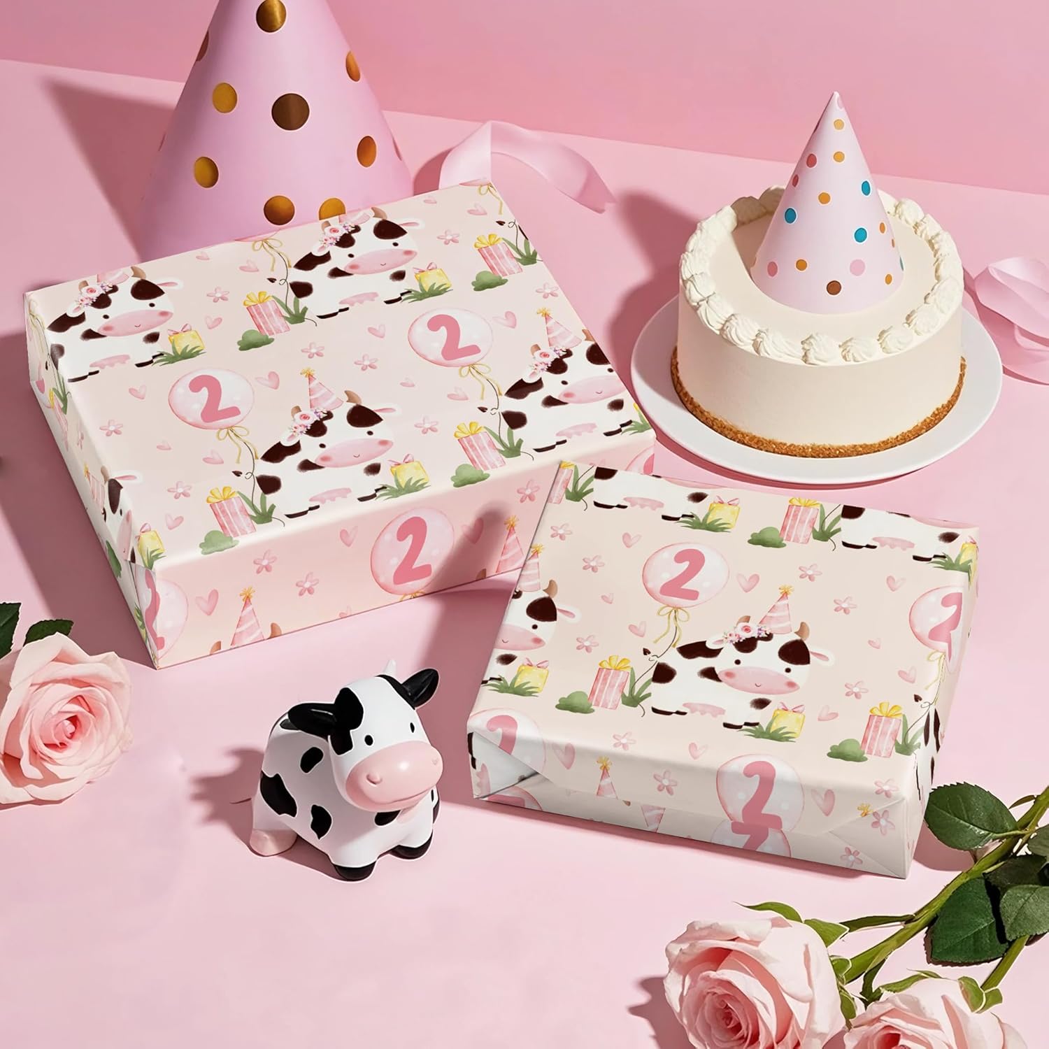 Girl 2Nd Birthday Wrapping Paper - Mini Roll - 17 Inch X 16.5 Feet - 2Nd Birthday Balloon And Cute Cow Wrapping Paper Perfect For Kids Girls, Baby Shower