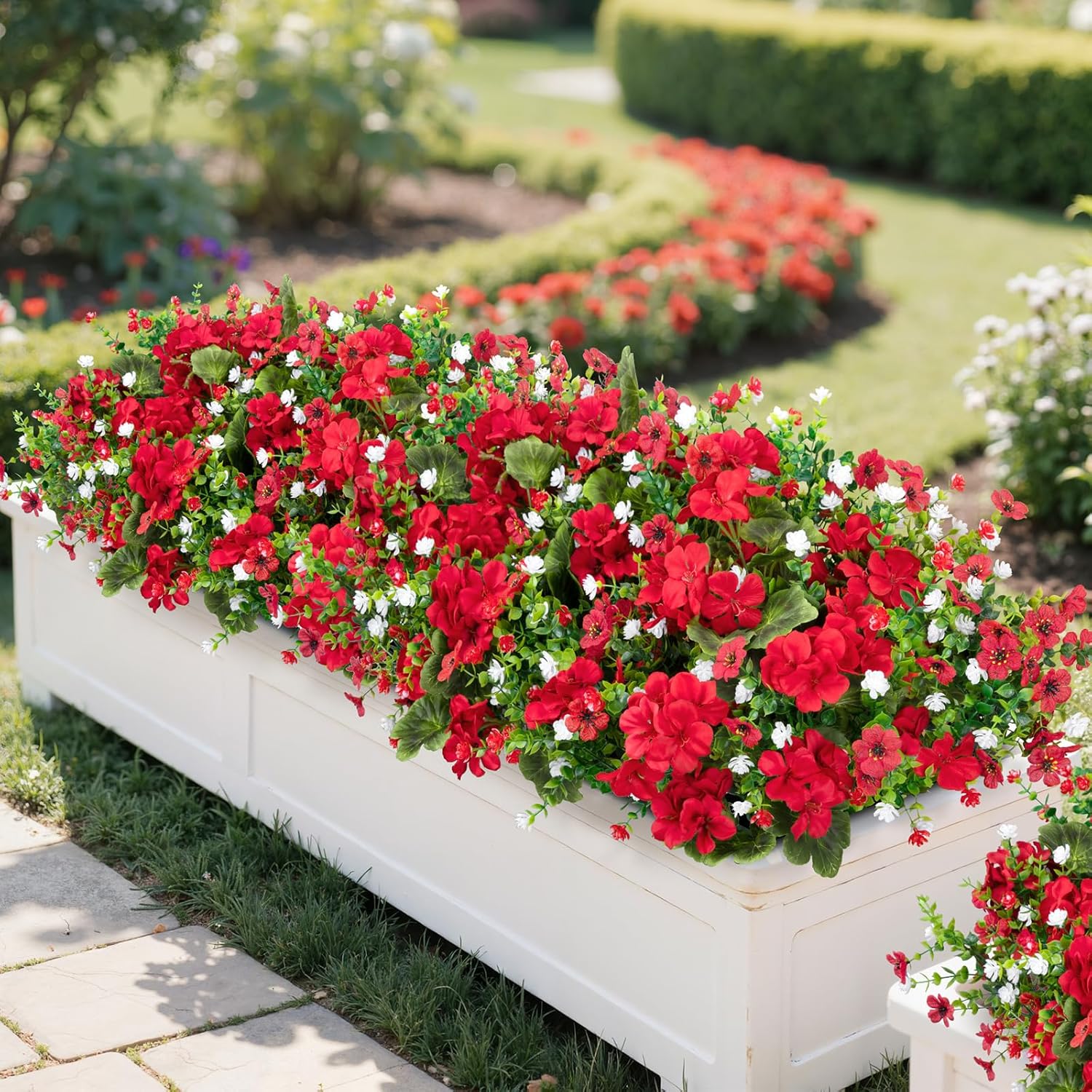 18'' Artificial Geraniums Flowers For Outdoors, 10 Bundles Mixed Fake Silk Flowers Plastic Plants Uv Resistant For Summer Garden Porch Patio Planter Kitchen Table Home Decor, Red