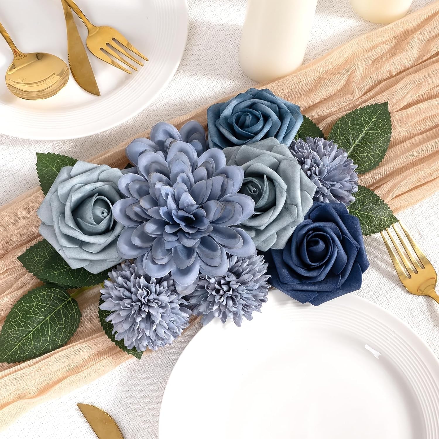 Dusty Blue Flower Artificial Roses Faux Flowers With Stems Mix Fake Roses Dahlia Chrysanthemum Ball For Wedding Bridal Bouquets, Table Centerpieces, Baby Shower, Party, Home Decorations