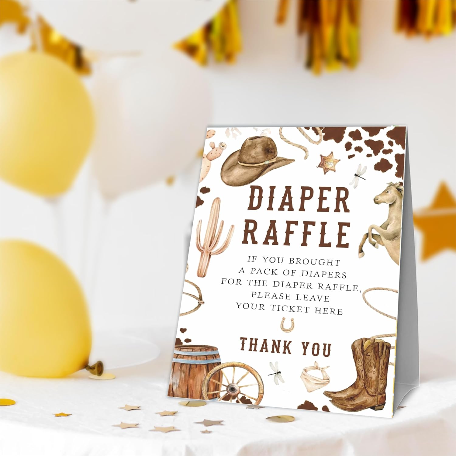 Diaper Raffle Baby Shower Game Kit - Western Cowboy - 1 Standing Sign + 50 Tickets - Gender Reveal Games, Announcement, Shower Party Decoration & Supplies - A04
